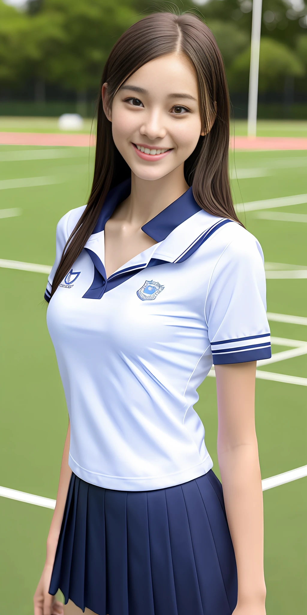 neat college girl, petite person, (school uniform, summer uniform, short sleeve), outside the athletic field, (slim), photorealistic, detail, skin texture, ultra detail, delicate sexy collarbone, smile, super detailed face, detailed lips, detailed eyes, double eyelids, breast enhancement
