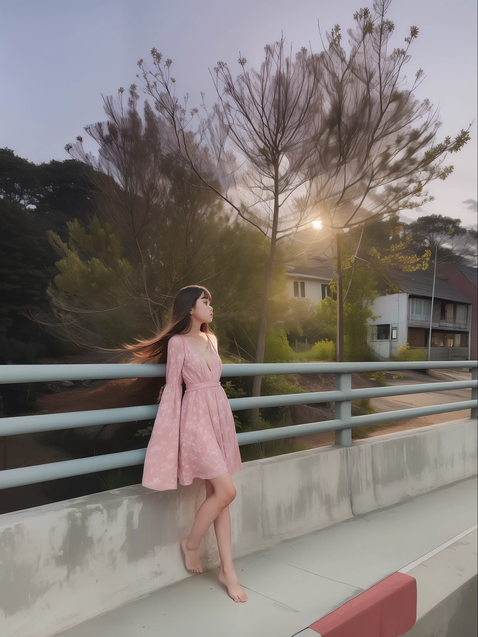 1girl, standing on the platform of bridge, in middle of bridge, by the side of the road, in evening, moon light, barefoot, wearing pink short gown, curtain grab, curtains, covered navel, covered, black hair, sheet grab, standing, raised head a little and looked at the sky, smile, solo, tail, lily_\(flower\), looking a viewer, (flat chest:1.2), solo, beautiful and delicate detailed girl, illustration, unity 8k wallpaper, masterpiece, best quality