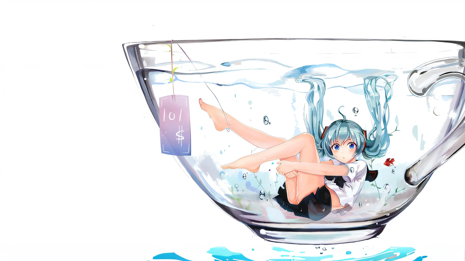 there is a drawing of a woman in a cup of water, pixiv, by Shitao, by Yuumei, top rated on pixiv, mikudayo, loli, pixiv contest winner, at pixiv, in water, floating liquid, wallpaper anime blue water, trending on pixiv, hatsune miku, rimuru