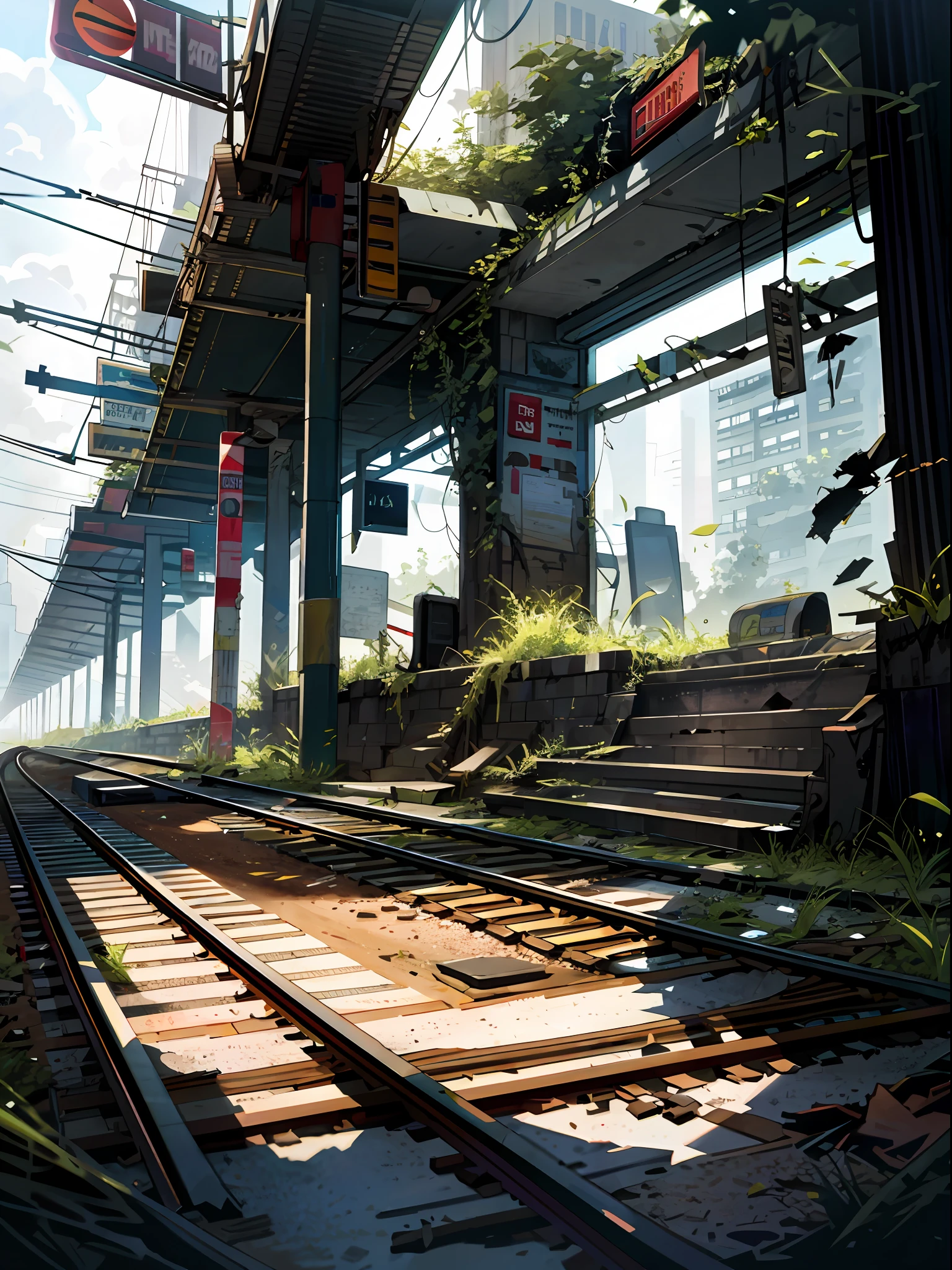 Abandoned subway station, train track, bank, broken informational signs