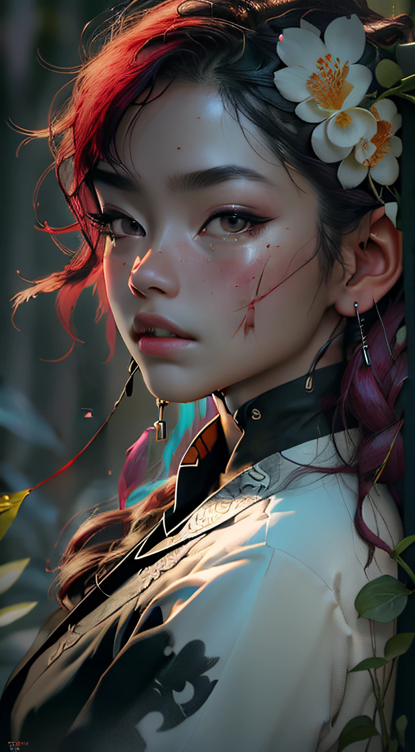 China, ink painting, misty rain, big scene, early morning, ancient wind, Dragon Boat Festival, fog around, downpour, ancient cheongsam beauty, in the middle of the camera, Blood red hair, flower on head, happy tears, saliva, blank eyes, long pointy ears, shaded, high detail, cinematic lighting, ray tracing, Canon, high detail, cinematic lighting, Canon, f/1.8, Verism, Surrealism, panorama, high quality, textured skin, masterpiece, 4K, anatomically correct, 4K, super detail, best quality, 8k