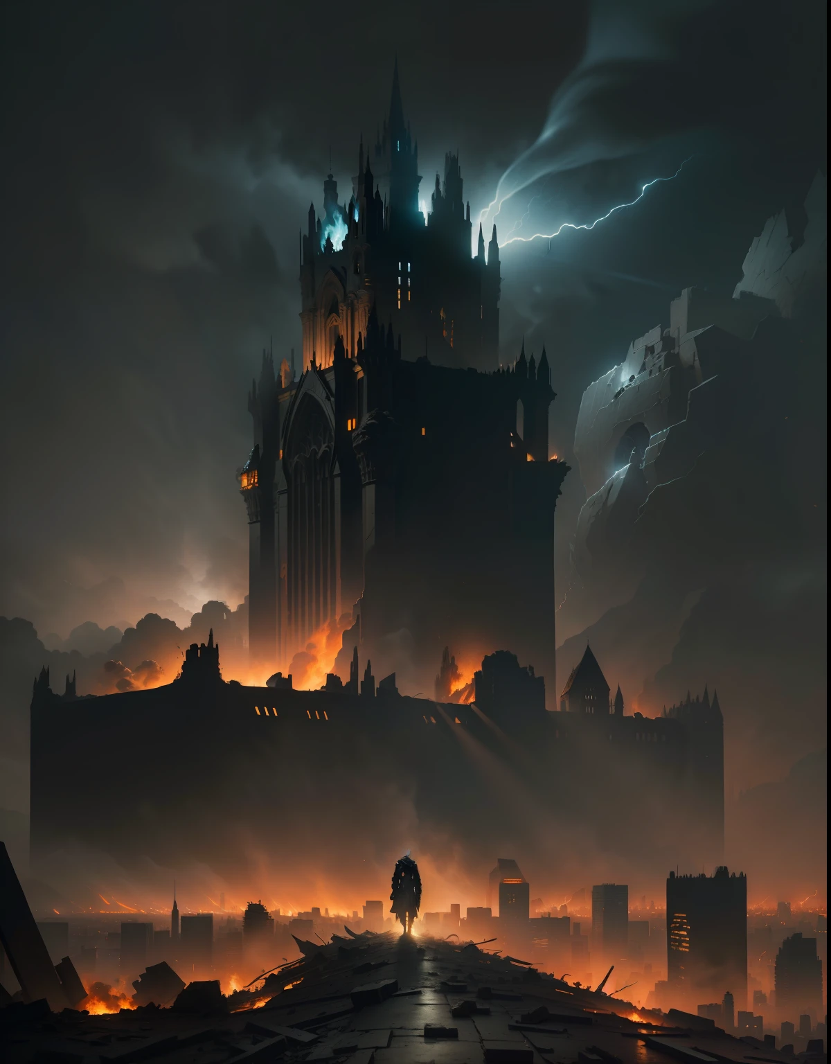 With the city in ruins and the king emerging from the wreckage, totally burned and disfigured, he was shocked by the devastation caused by the meteors. (masterpiece, best quality, high resolution, dark atmosphere, dramatic pose, dynamic camera angle, intense shadow and light, gothic style, medieval fantasy)