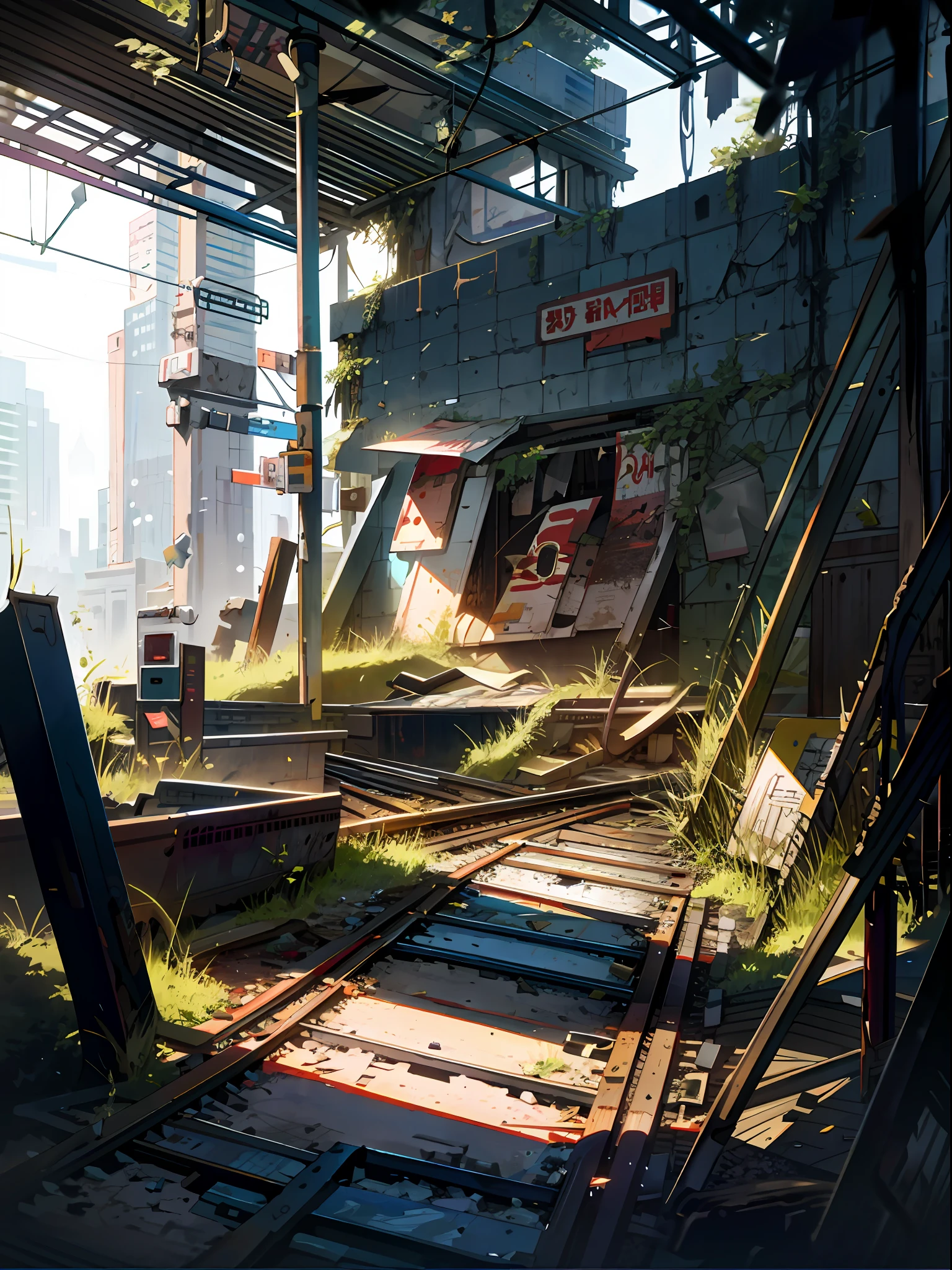 Abandoned subway station, train track, bank, broken informational signs