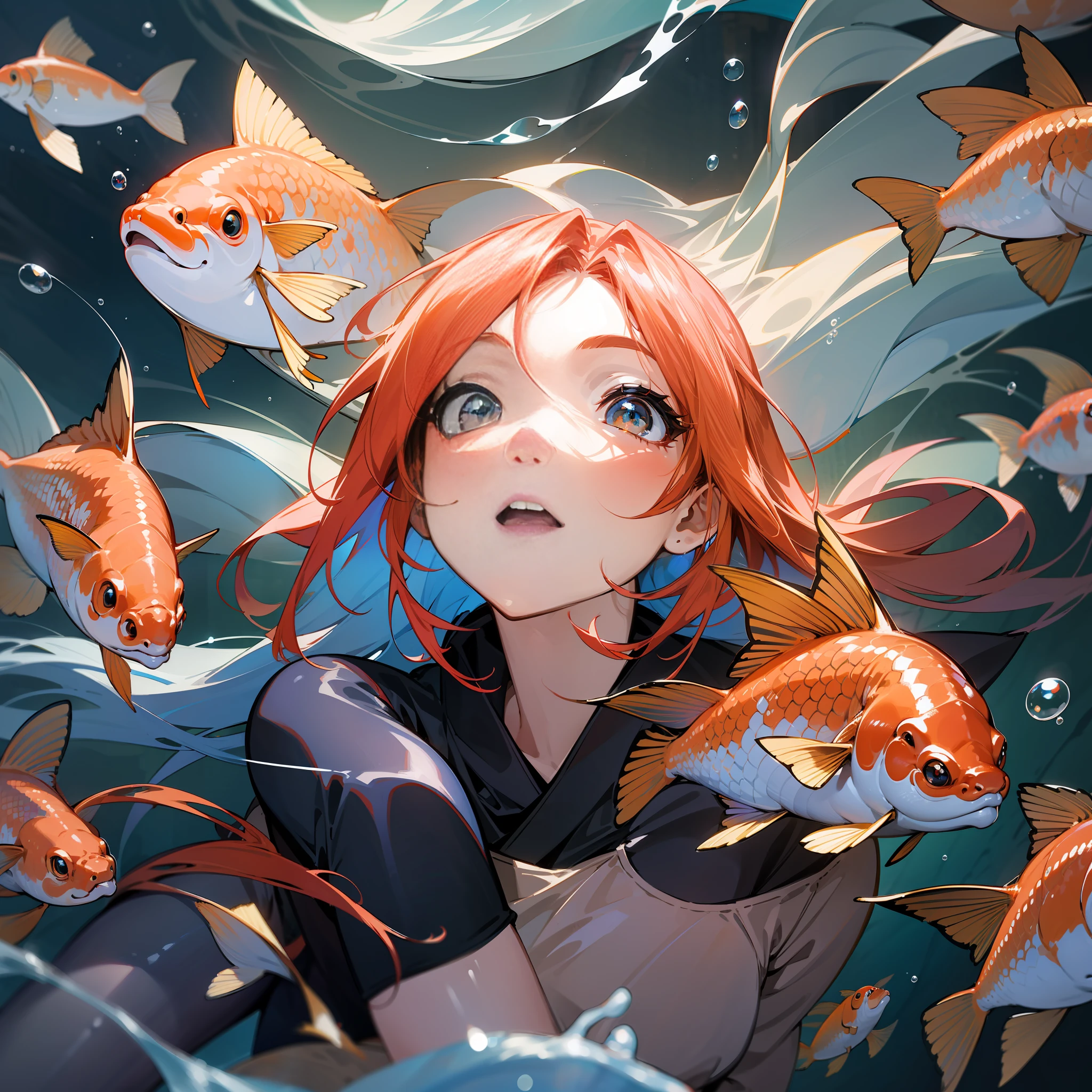 Masterpiece, best quality, super high resolution, detail, cinematic camera, sexy 1 girl, long shiny colored hair, hair develops beautifully in different directions, big beautiful eyes, gaze directed upwards with curiosity, curious look, tight translucent clothes, you can see the whole body, in full growth, koi carps swim in the air above the girl's head, koi carps swim in space, glowing bubbles soar,  arm scale coordination, leg scale coordination, detailed face, detailed body, detailed arms, detailed legs, correct number of fingers, fluorescent bubbles