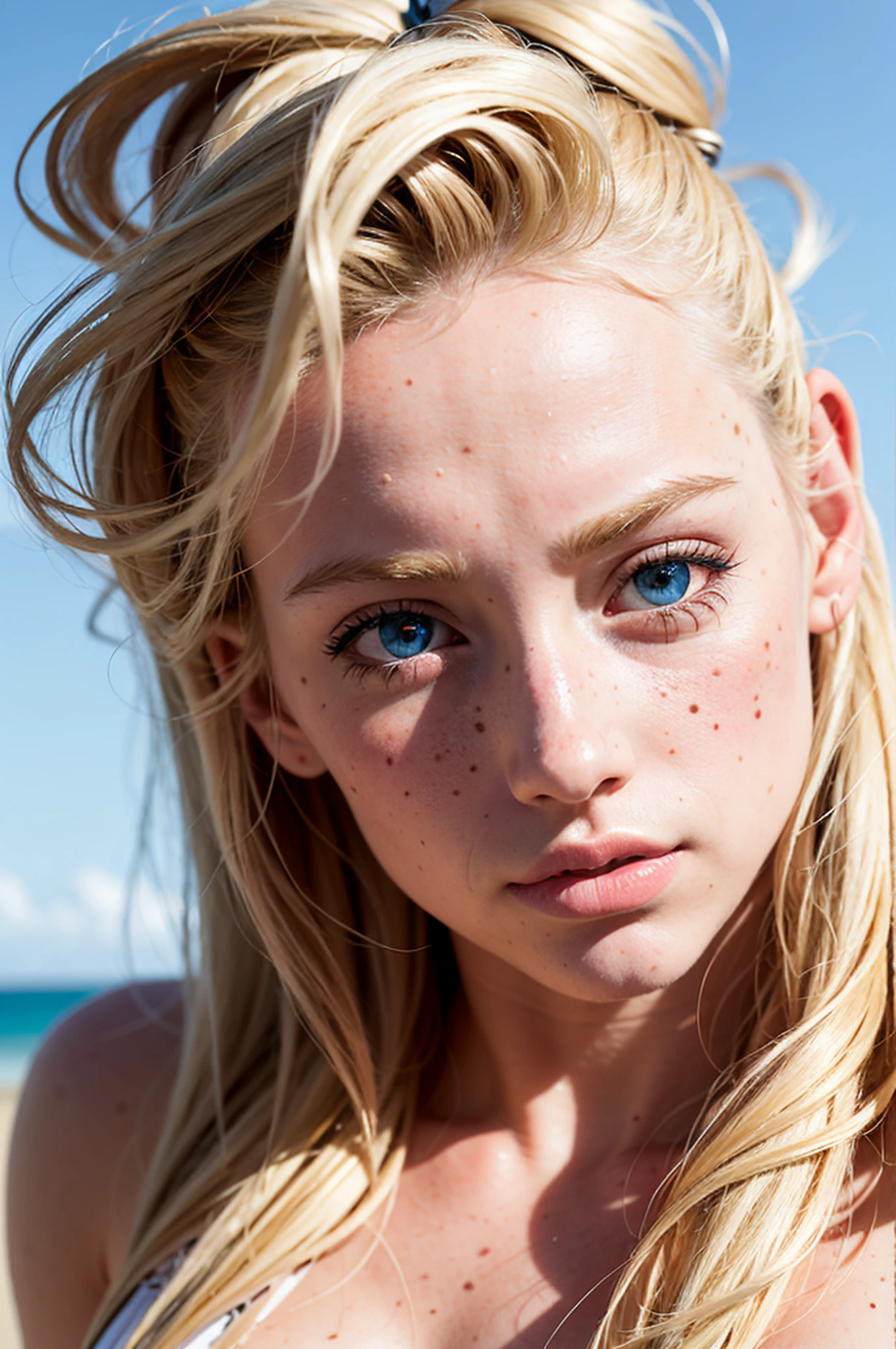 portrait of beautiful blonde women, happy portrait, striking features, beauty, intricate details, dramatic composition, tension, wispy hair, blue eyes, contrast, texture, realism, high-quality rendering, stunning art, high quality, film grain, Fujifilm XT3, blemishes, detailed skin, freckled, cute outfit, laying on the beach as the sun sets,