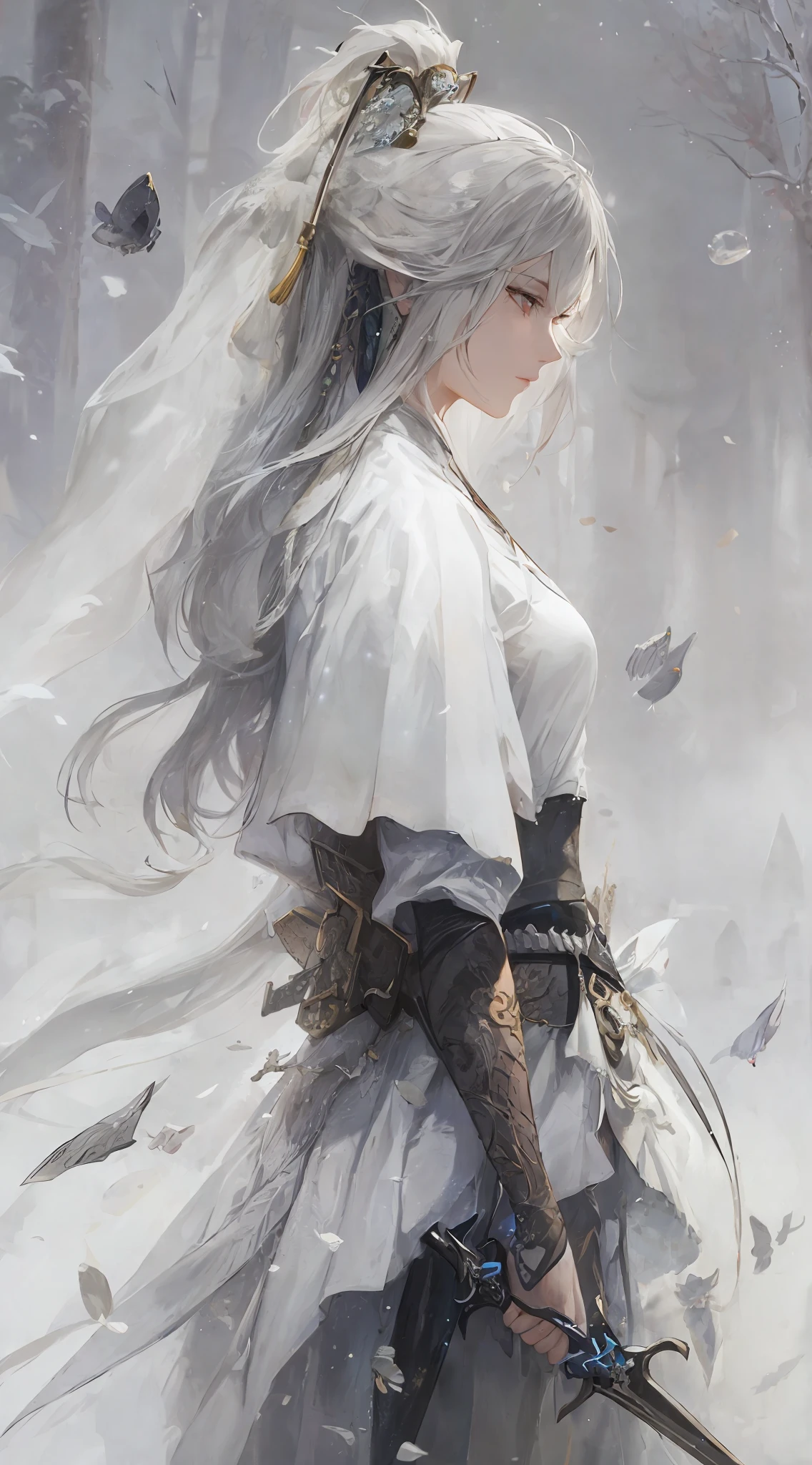 a close up of a woman with a sword in a white dress, a character portrait by Yang J, trending on cgsociety, fantasy art, beautiful character painting, artwork in the style of guweiz, guweiz, white hanfu, flowing white robes, full body wuxia, epic exquisite character art, stunning character art, beautiful female assassin