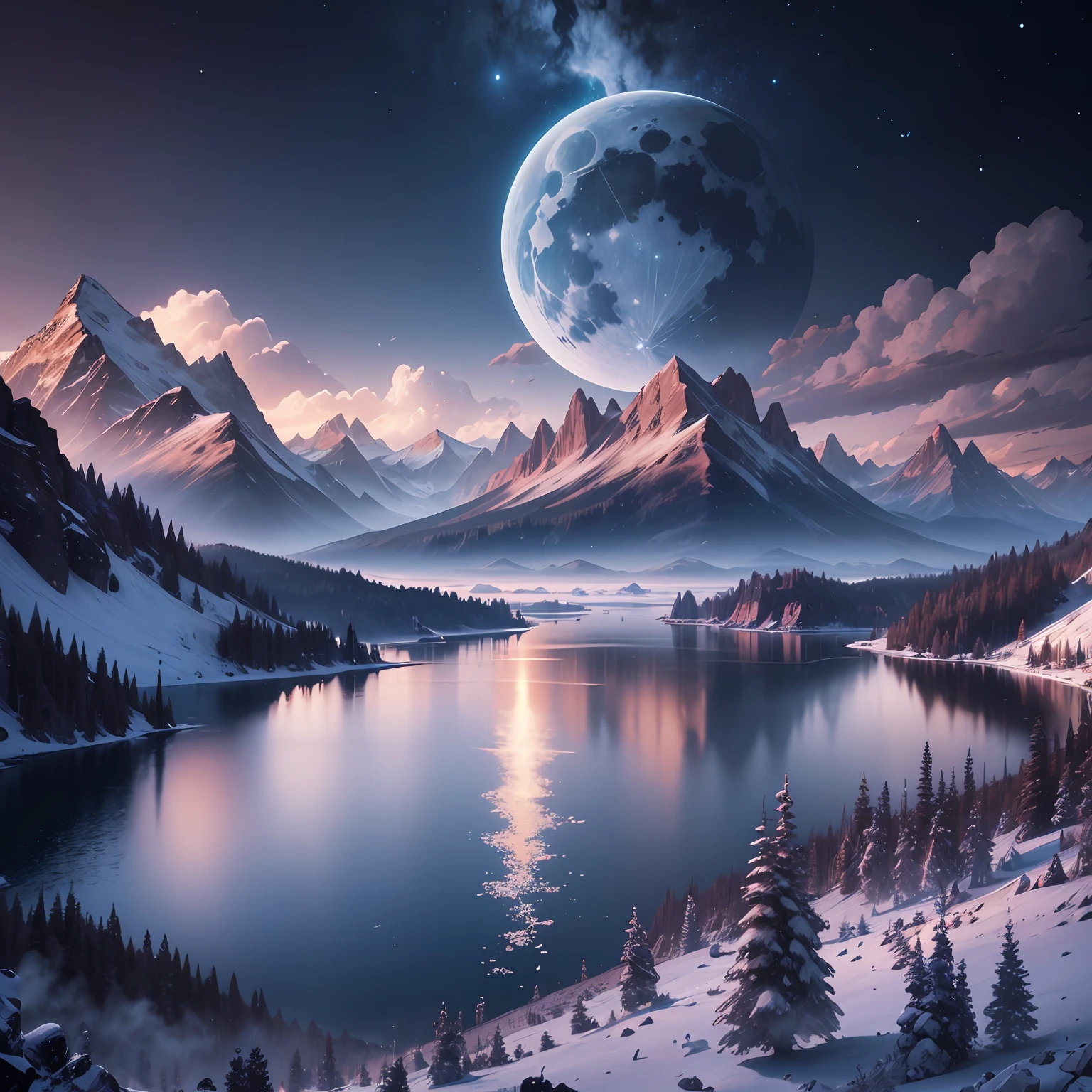 mountains and a lake with a moon in the sky, 4k highly detailed digital art, 4 k hd wallpaper very detailed, impressive fantasy landscape, sci-fi fantasy desktop wallpaper, unreal engine 4k wallpaper, 4k detailed digital art, sci-fi fantasy wallpaper, epic dreamlike fantasy landscape, 4k hd matte digital painting, 8k stunning artwork --auto --s2