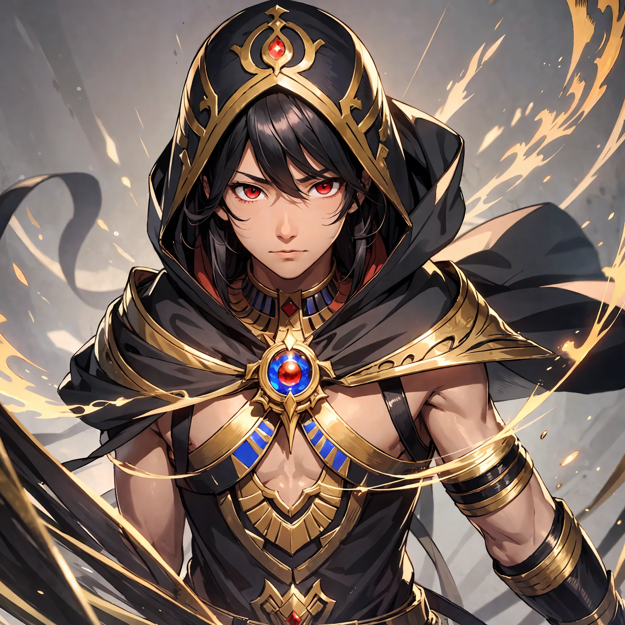 masterpiece, best quality, tan skin, 1boy, teenager, male focus, solo, medium black hair, vibrant red eyes, looking at viewer, closed mouth, upper body, bangs, Fantasy aesthetics, Highly detailed, shadowverse style, egyptian outfit, asssassin, hooded