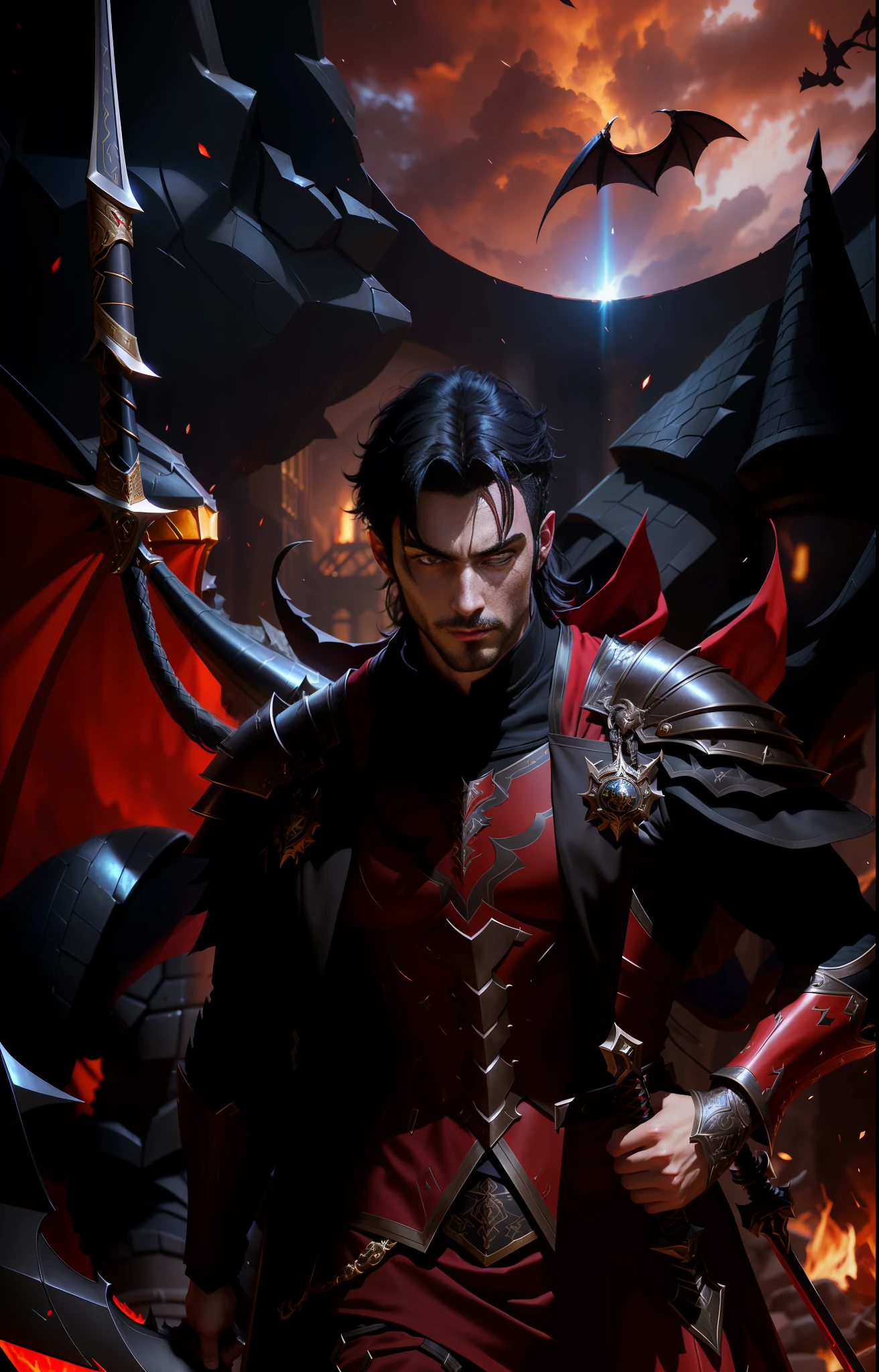Male paladin with gray-black hair and red eye, black armor with dragon designs holding a sword, does not have a beard, dynamic pose, (detailed eyes, chromatic aberration, depth of field, soft lighting, masterpiece, best quality, intricate, 8K, incredible shadows, realistic, (highly detailed background:1.2)