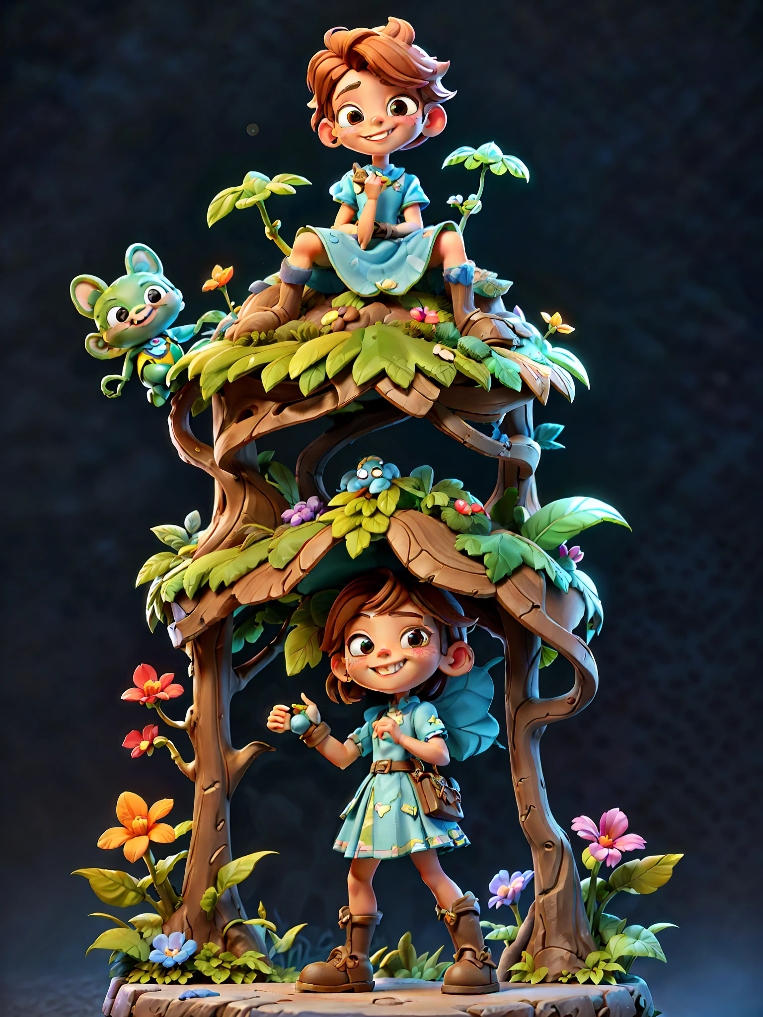 happy children's day, boy's and girl's playing in garden creatures, shy smile, kawaii, fantasy, dreamlike, surrealism, (dynamic pose), super cute, 8k, 3D, blender, CGI, highly detailed, intricate, award-wining, cinematic, beautiful light, 100mm,