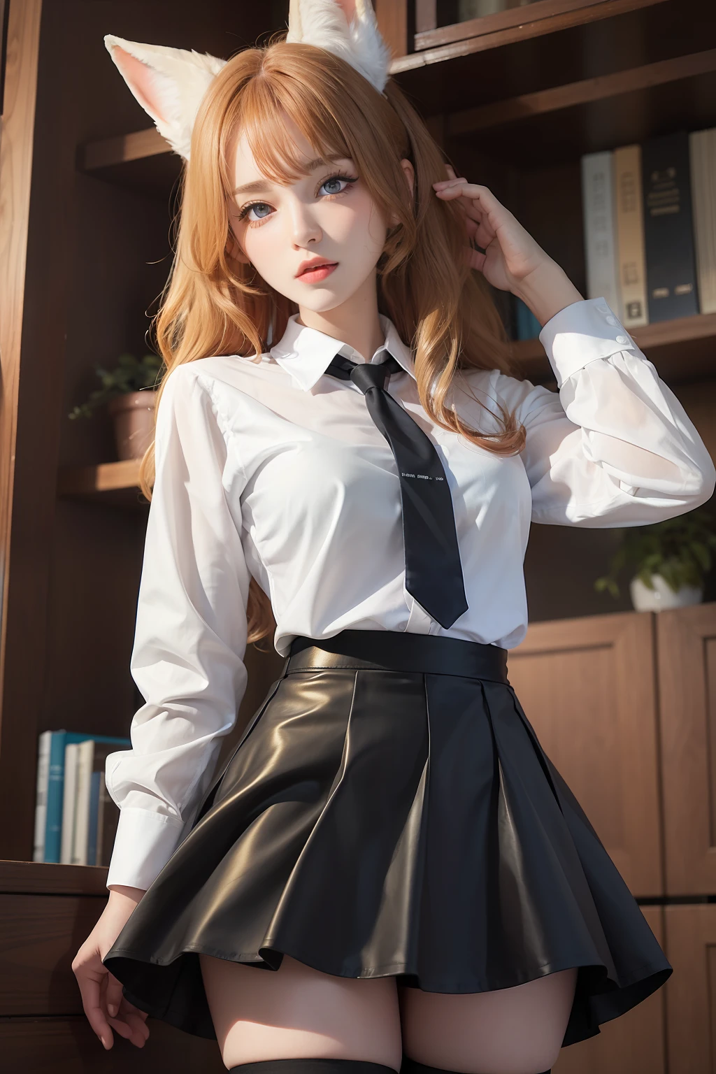 Woman with ,golden curly hair,Blue eyes,white fox ears,in a shirt,black skirt and stockings