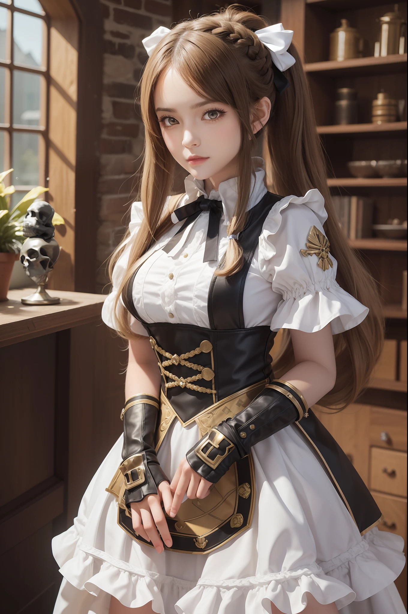 masterpiece, best quality, 1girl, solo, voxel art,
weapon shop, white girl,
zaffre hair, tan eyes,
long hair, French Twist Ponytail,
fur-trimmed_dress, trim dress,
ribbon, Skull Hair Ornament , Lariats, Fingerless gloves,
classic, medieval, noble