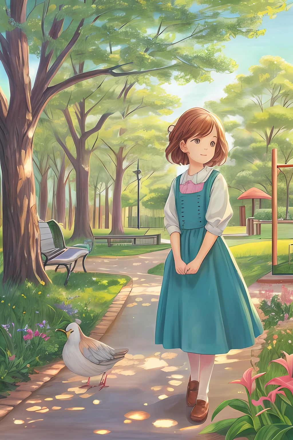 Picture book illustrations, soft touches, writing with colored pencils, once upon a time, Lily was eager to go to the park. The sun shines and you can hear the birds singing. Lily realized that the park needed care and was determined to make this beautiful place shine again.