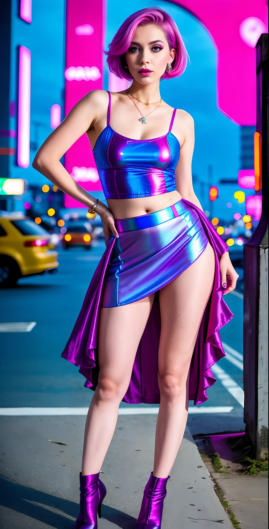 full length, slim pretty girl with short dark pink tied hair, pink make up, deep purple lips, dancing, braless iridescent cyberpunk clothes, skirt, jewelry, erotic, futuristic cityscape, outdoors, neon, science fiction,