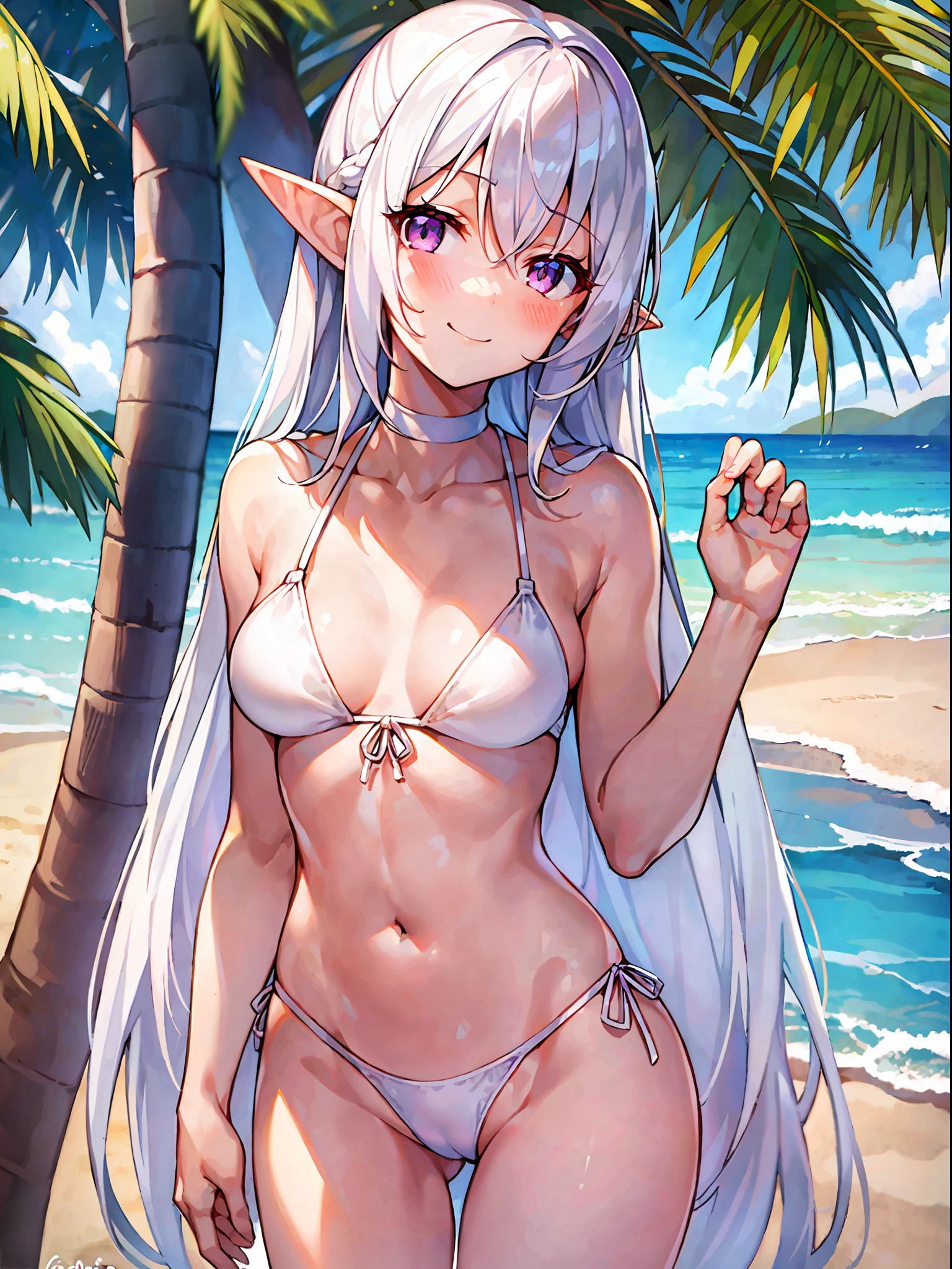 1girl, ((medium-small breasts)), standing in a beach, (((light smile))), ((blush)), (thin eyebrows:-1), ((straight hair)), (hair intakes:1), white hair, (very long hair), purple eyes, (pointy ears), ((white bikini)), camel toe, beach, shore, shoreline, ocean, (((from front))), close-up, masterpiece,