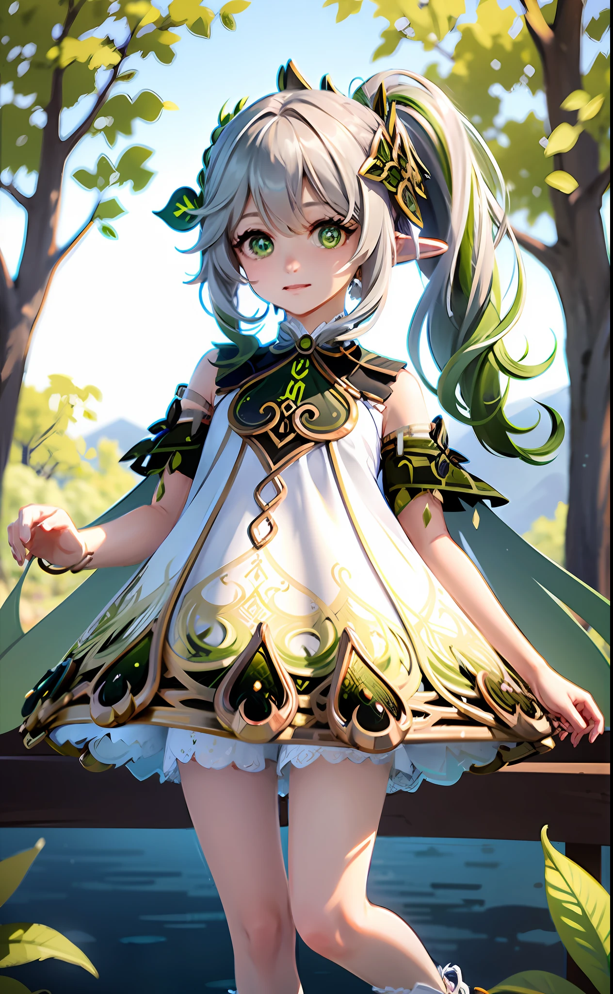 masterpiece, best quality, 1girl, solo, nahida_genshin, cruciform student, default_dress, green cloak, standing