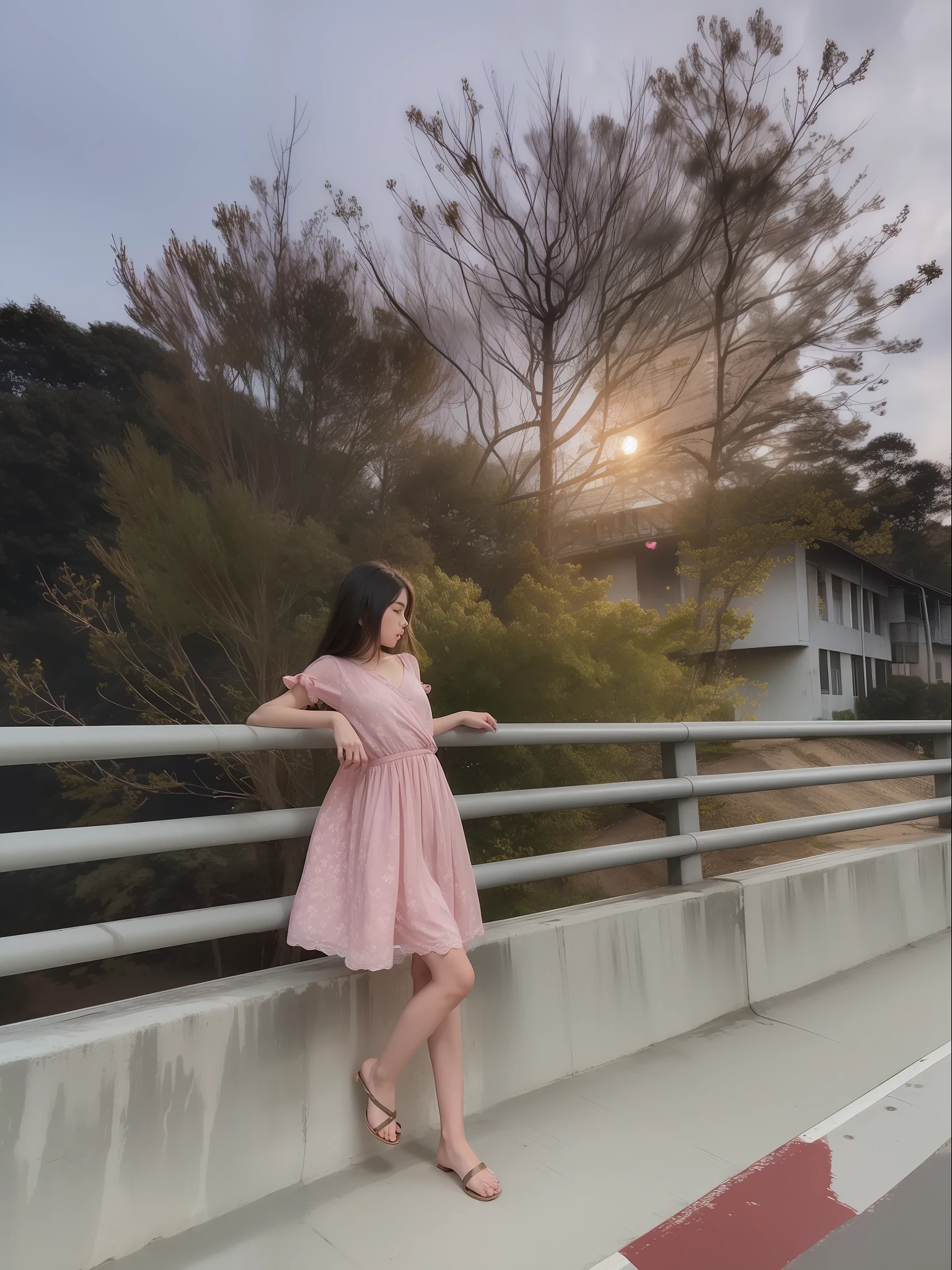 1girl, standing on the platform of bridge, in middle of bridge, by the side of the road, in evening, moon light, barefoot, wearing pink short gown, curtain grab, curtains, covered navel, covered, black hair, sheet grab, standing, raised head a little and looked at the sky, smile, solo, tail, lily_\(flower\), looking a viewer, (flat chest:1.2), solo, beautiful and delicate detailed girl, illustration, unity 8k wallpaper, masterpiece, best quality