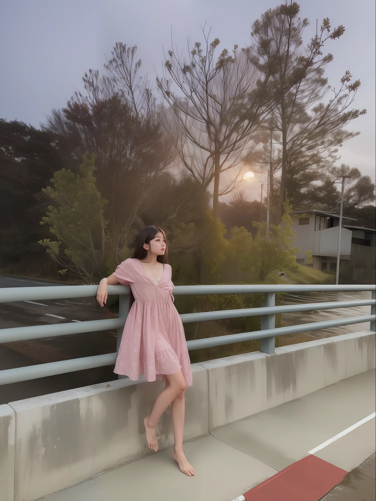 1girl, standing on the platform of bridge, in middle of bridge,  by the side of the road, in evening, moon light, barefoot, wearing pink short gown, curtain grab, curtains, covered navel, covered, black hair, sheet grab, standing, raised head a little and looked at the sky, smile, solo, tail, lily_\(flower\), looking a viewer, (flat chest:1.2), solo, beautiful and delicate detailed girl, illustration, unity 8k wallpaper, masterpiece, best quality