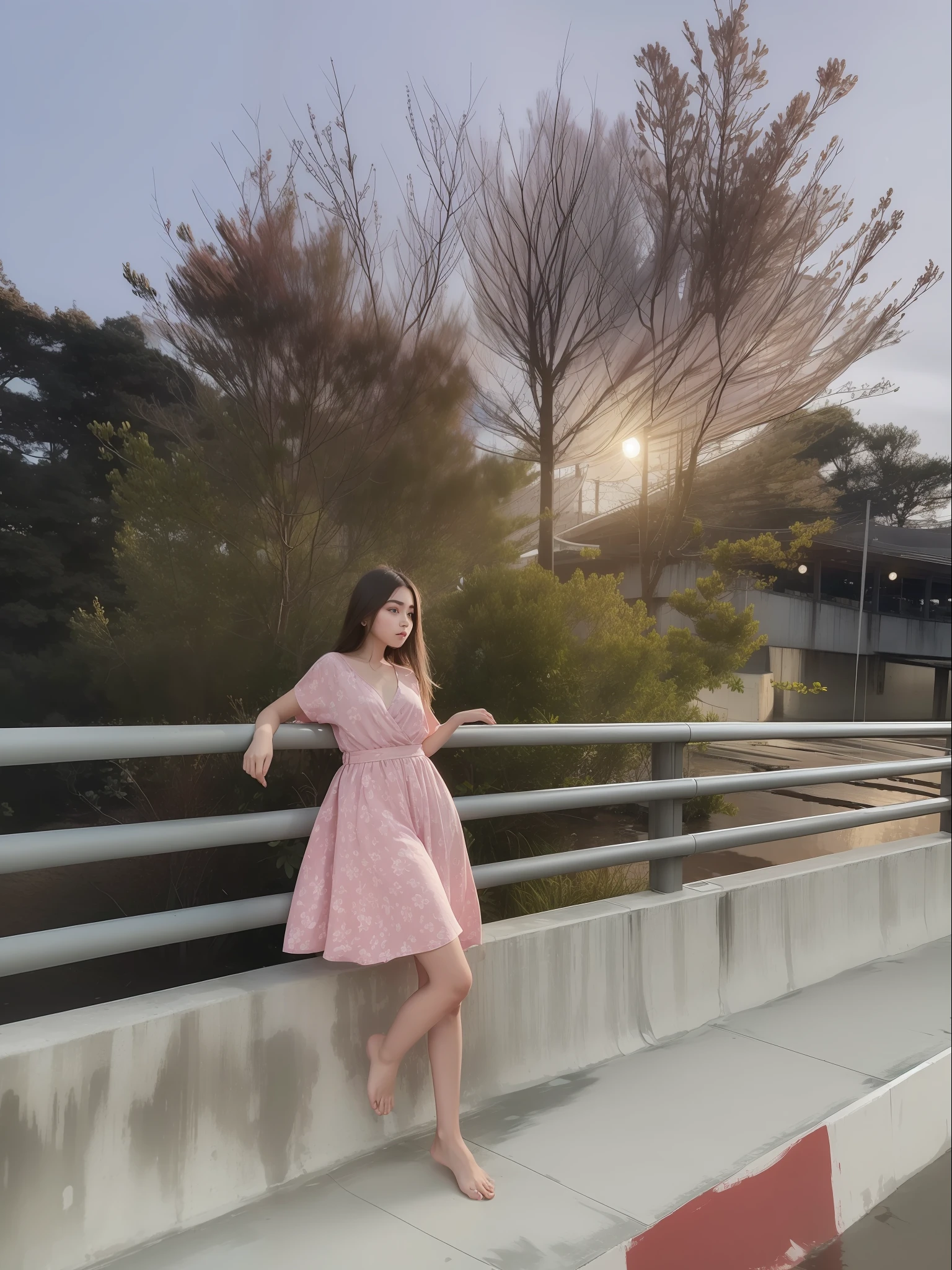 1girl, standing on the platform of bridge, in middle of bridge, by the side of the road, in evening, moon light, barefoot, wearing pink short gown, curtain grab, curtains, covered navel, covered, black hair, sheet grab, standing, raised head a little and looked at the sky, smile, solo, tail, lily_\(flower\), looking a viewer, (flat chest:1.2), solo, beautiful and delicate detailed girl, illustration, unity 8k wallpaper, masterpiece, best quality