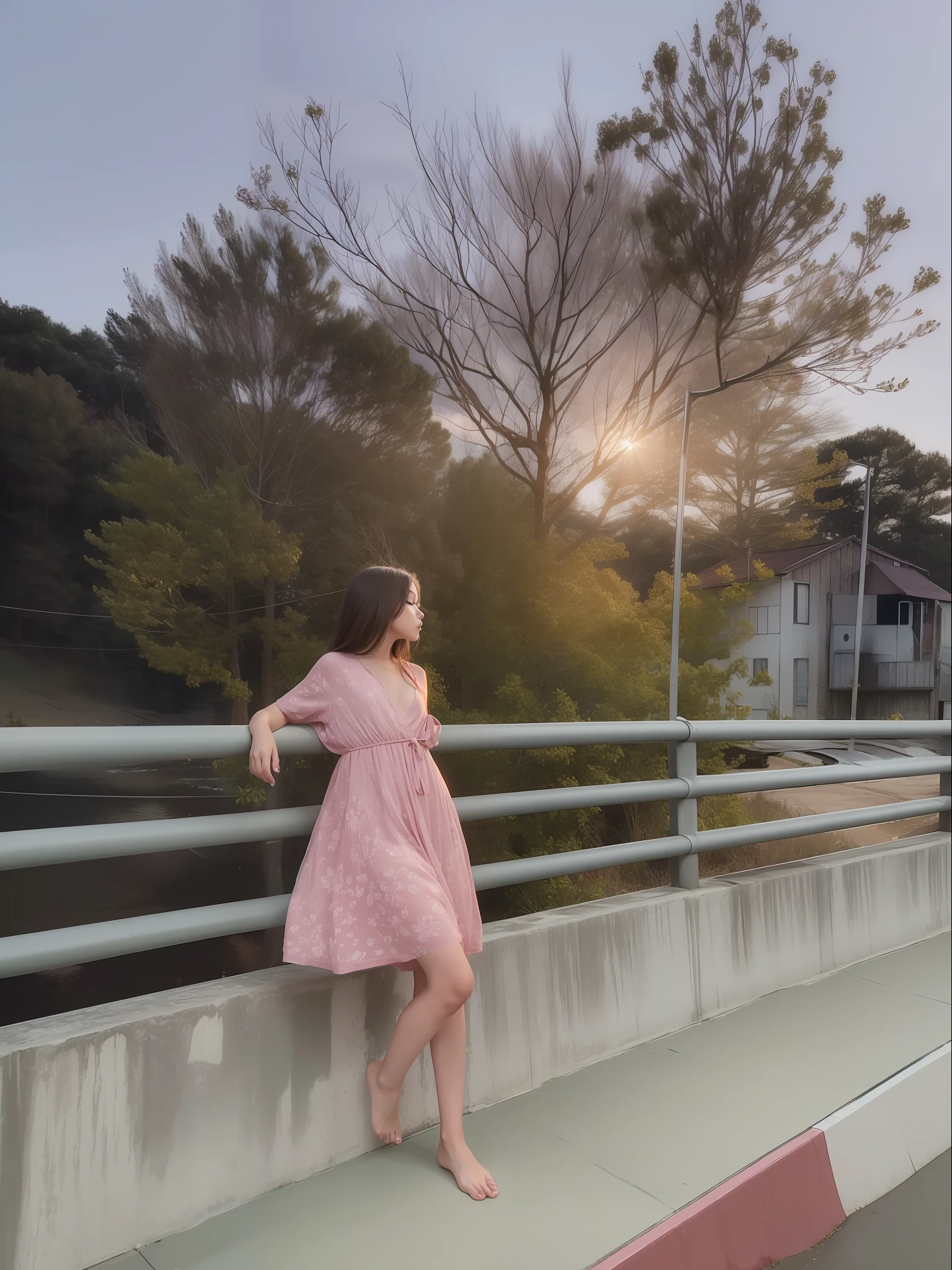 1girl, standing on the platform of bridge, in middle of bridge, by the side of the road, in evening, moon light, barefoot, wearing pink short gown, curtain grab, curtains, covered navel, covered, black hair, sheet grab, standing, raised head a little and looked at the sky, smile, solo, tail, lily_\(flower\), looking a viewer, (flat chest:1.2), solo, beautiful and delicate detailed girl, illustration, unity 8k wallpaper, masterpiece, best quality