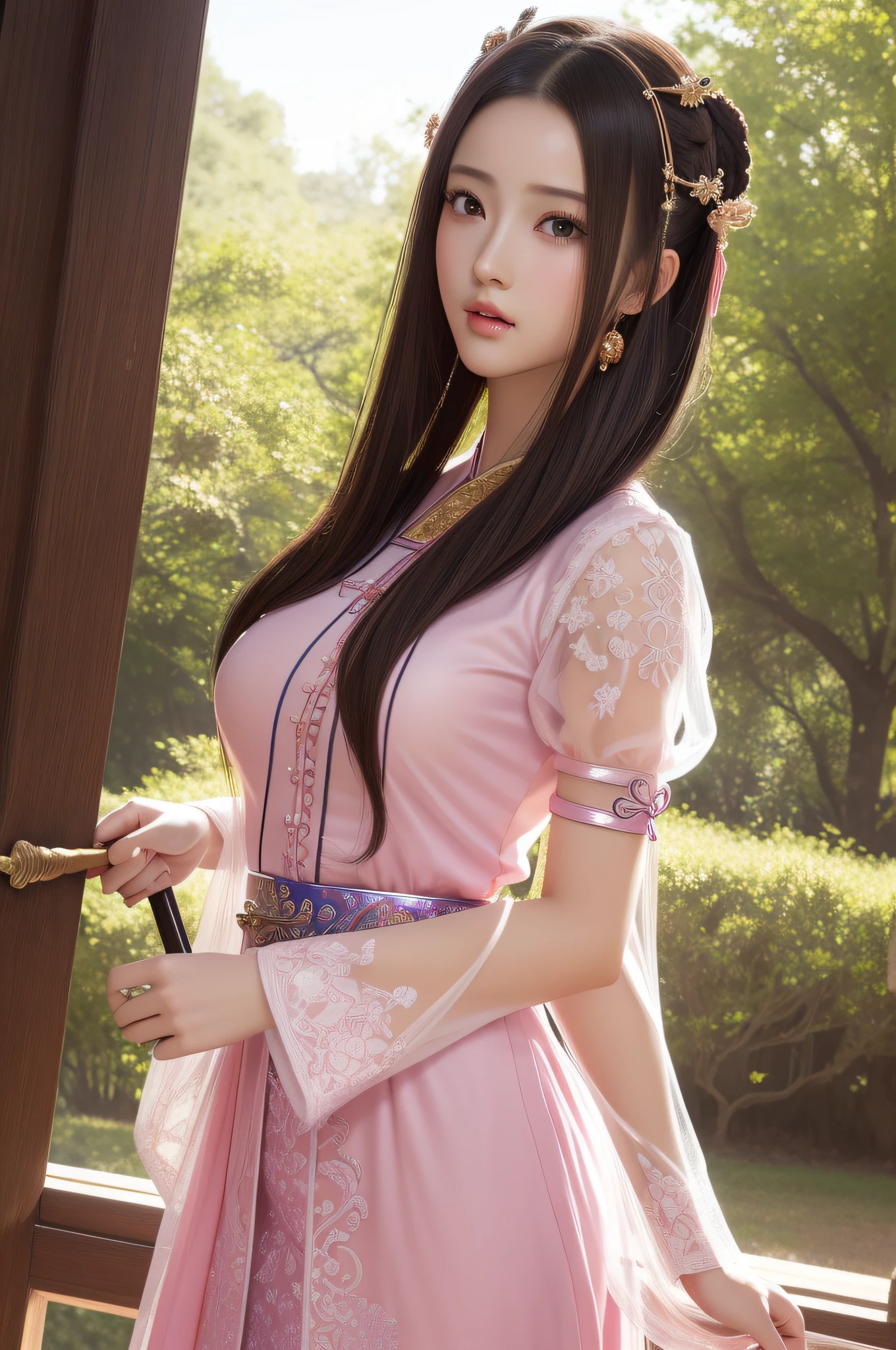 a close up of a woman in a pink dress with a sword, game cg, yun ling, full body xianxia, portrait knights of zodiac girl, trending on cgstation, inspired by Li Mei-shu, inspired by Leng Mei, inspired by Lan Ying, xianxia, 3 d anime realistic, xision wu, beautiful render of tang dynasty, (masterpiece:1.4), (8k, photorealistic, RAW photo, best quality: 1.4), japanese, beautiful face, (realistic face:1.4), (high detailed hair:1.3), beautiful hairstyle, realistic eyes, beautiful detailed eyes, (realistic skin:1.3), beautiful skin, attractive, ultra high res, ultra realistic, highly detailed, golden ratio, (detailed face:1.4), (realistic medium breasts:1.4), (braless:1.4), perky_nipples, (see-through outfit, transparent outfit :1.2), (nsfw:1.25), (pink lips), (slender body:1.2)