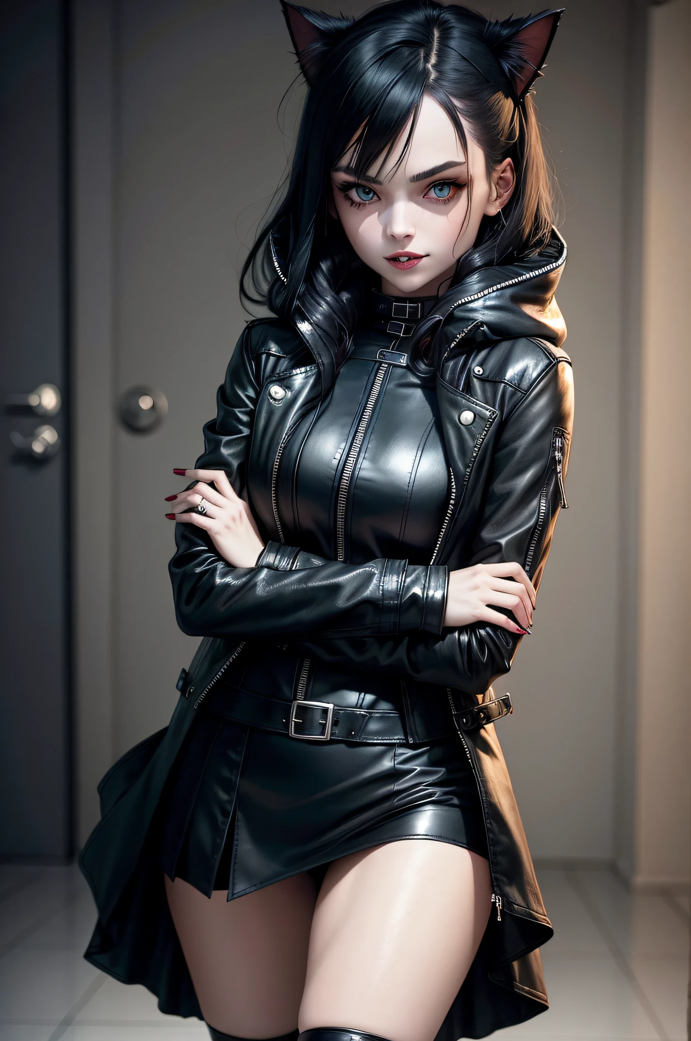 An undead cat girl in a short skirt, leather jacket and black hood. She had dead blue eyes, pale skin, black hair and sharp fangs, and she crossed her arms. She also had a small black cloak with a nervous smile