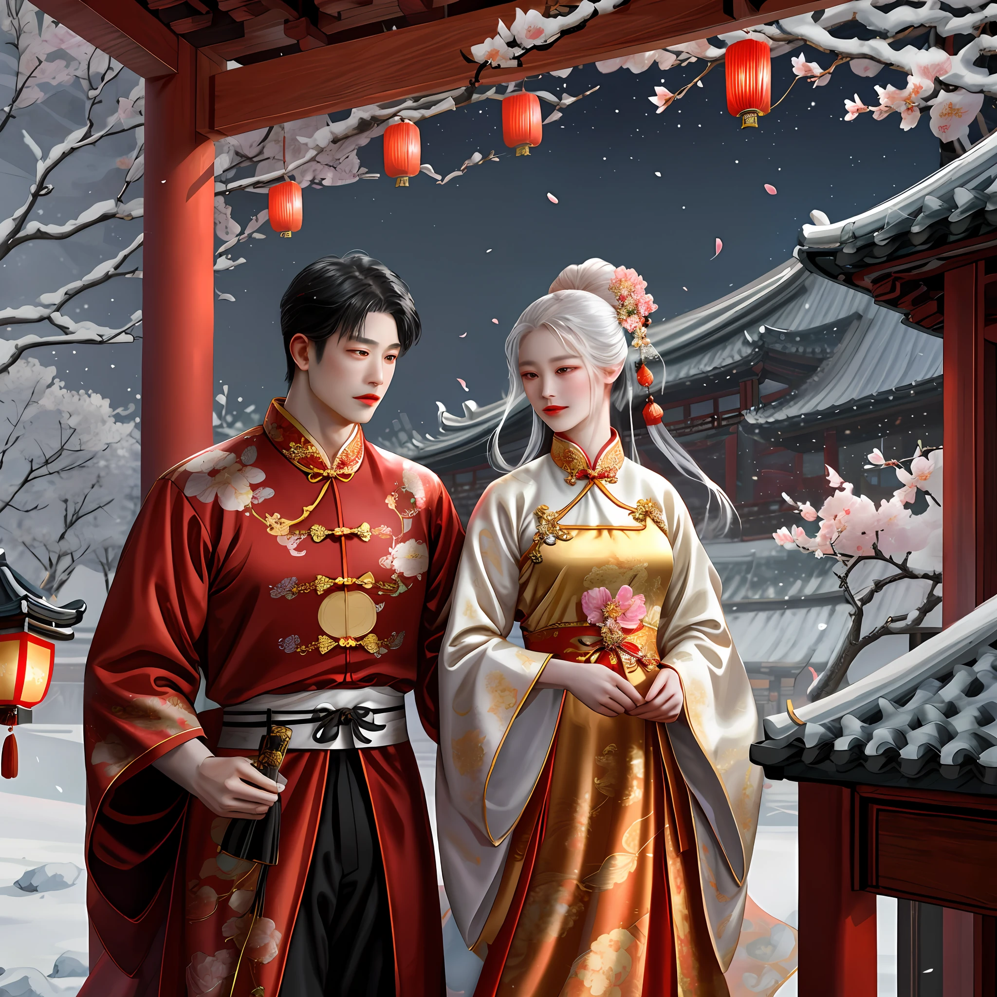 masterpiece best quality, couple, perfect face, hanfu dress, traditional chinese dress, sexy, ,chinese dynasty, , chinese king, fascinating, muscle, red, black, gold, white, exquisite,bodhisattva, 8k, at night, under the peach tree, background detail, night light, moon, snow, firefly, cherry blossom flying, flower flying, ancient chinese house,