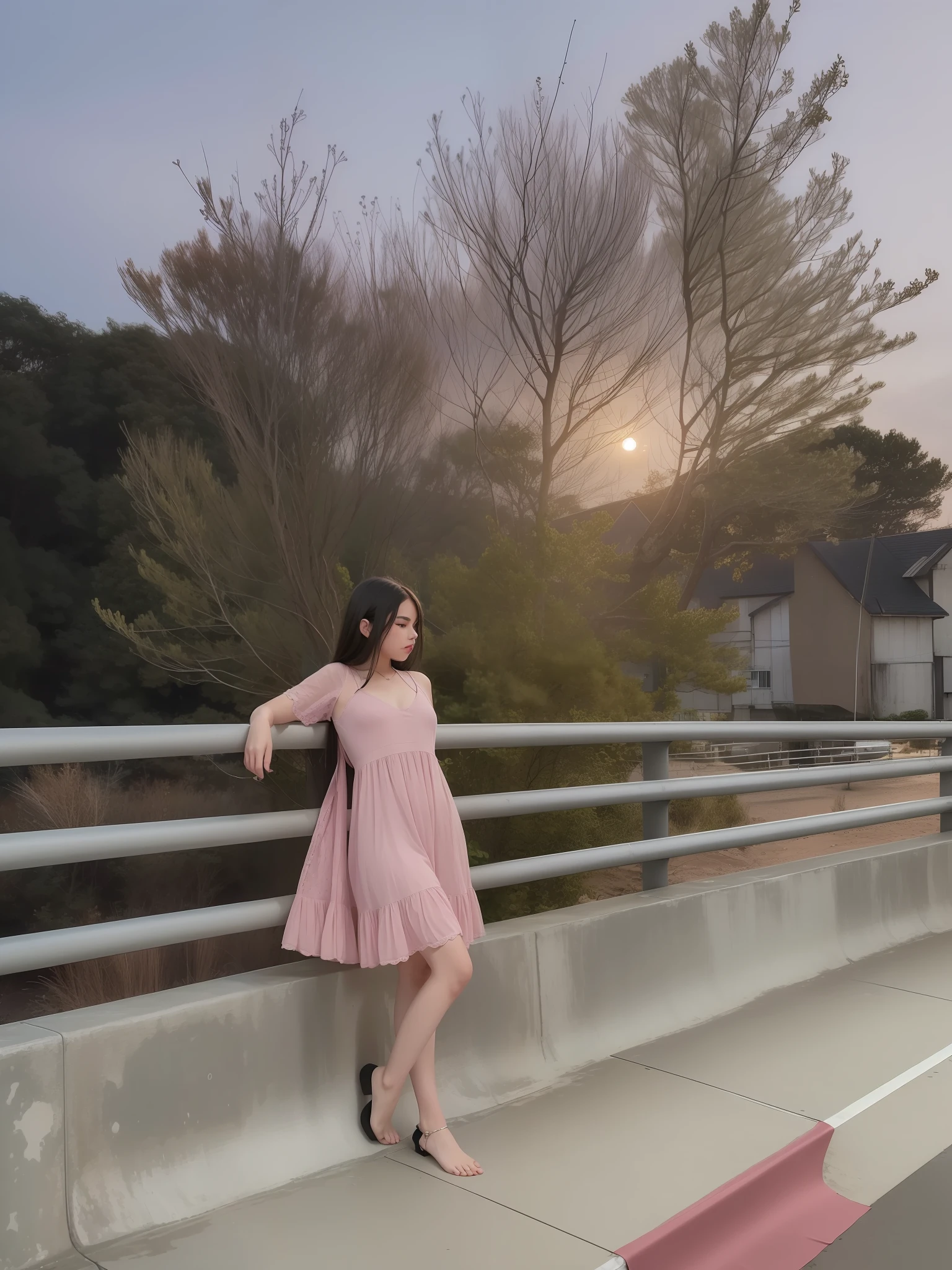 1girl, standing on the platform of bridge, in middle of bridge, by the side of the road, in evening, moon light, barefoot, wearing pink short gown, curtain grab, curtains, covered navel, covered, black hair, sheet grab, standing, raised head a little and looked at the sky, smile, solo, tail, lily_\(flower\), looking a viewer, (flat chest:1.2), solo, beautiful and delicate detailed girl, illustration, unity 8k wallpaper, masterpiece, best quality