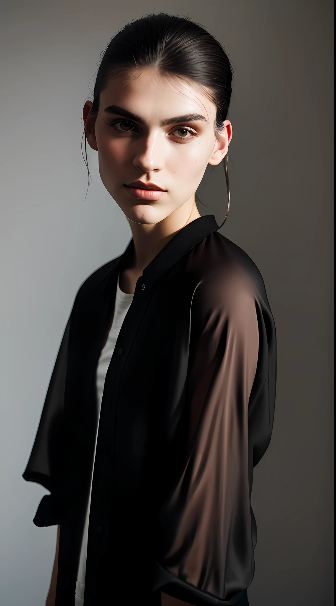 Raw Photo, Photo Essay, Fashion Photography, Masculine Girl, Model, Enigmatic, Soft Earthy Makeup, Earthy Eyeshadow, European, South American, Brown Eyes, Fabric as Background, Fashion, Beauty Editorial, Glittery, Illuminated Background, Diffused Light, Whole Body, Portrait Plane, Black & White, Realistic, High Quality, Sony A7III, 8k, 16mm 2.4 Lens, Soft Black Fog Filter