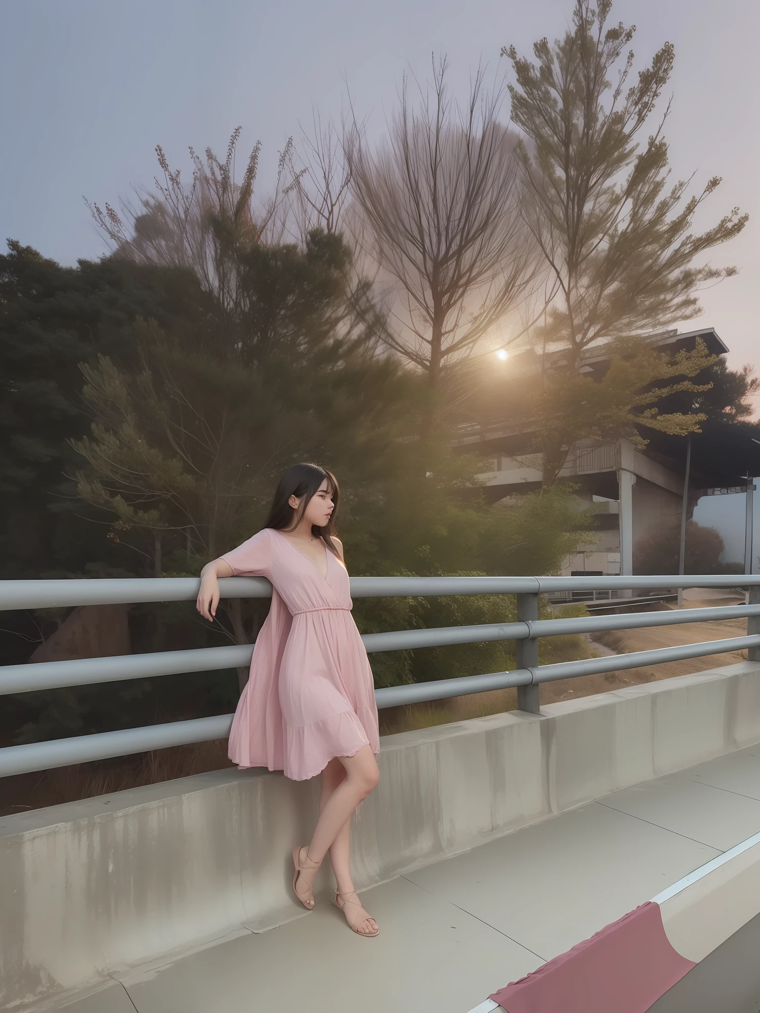 1girl, standing on the platform of bridge, in middle of bridge,  by the side of the road, in evening, moon light, barefoot, wearing pink short gown, curtain grab, curtains, covered navel, covered, black hair, sheet grab, standing, raised head a little and looked at the sky, smile, solo, tail, lily_\(flower\), looking a viewer, (flat chest:1.2), solo, beautiful and delicate detailed girl, illustration, unity 8k wallpaper, masterpiece, best quality