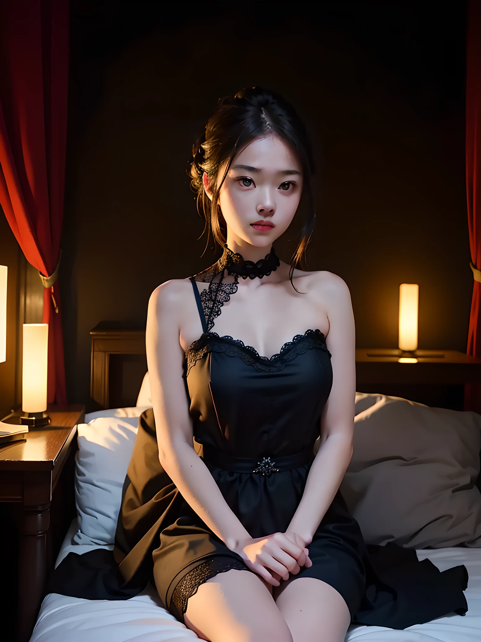night view, masterpiece, high quality, highly detailed, 1 girl, bare shoulders, sitting on bed, dramatic light, 8k, bioluminescence,