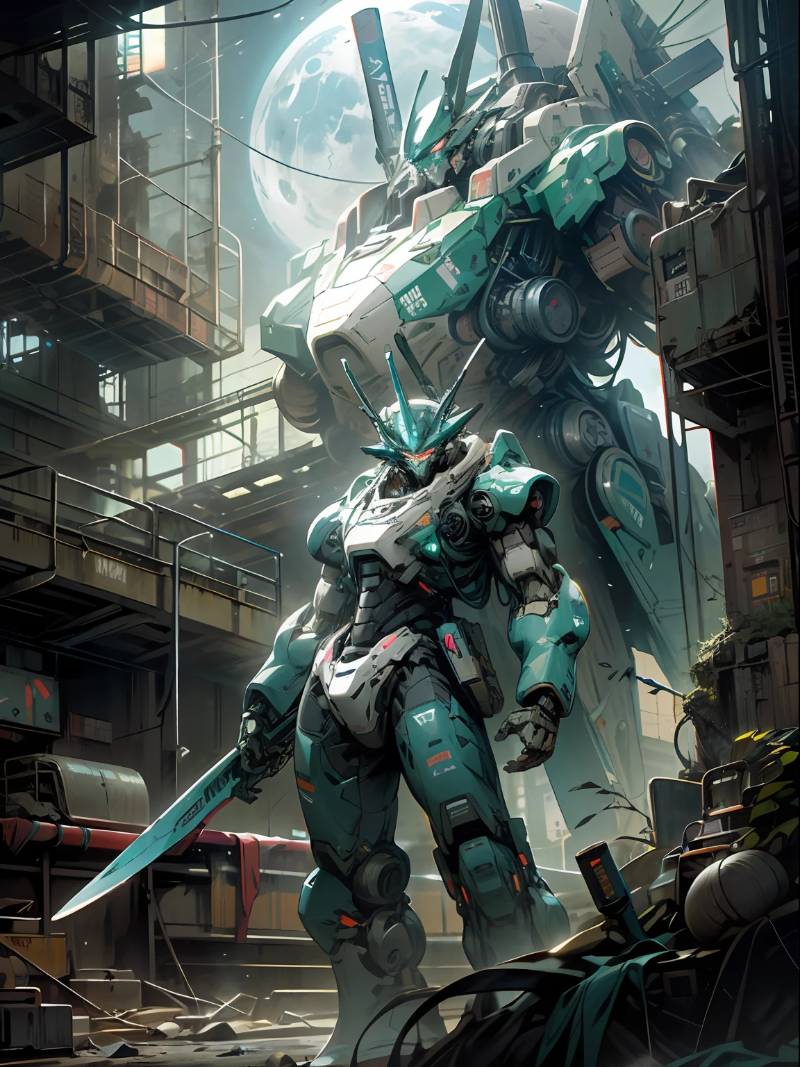 On the moon,barren planets, ruins, holding_weapon, wide view, fighting glowing, two robots, building, glowing_eyes, blue green mecha, science_fiction, mechanical city, realistic,mecha,Milky Way Galaxy background,neon,cyberpunk,