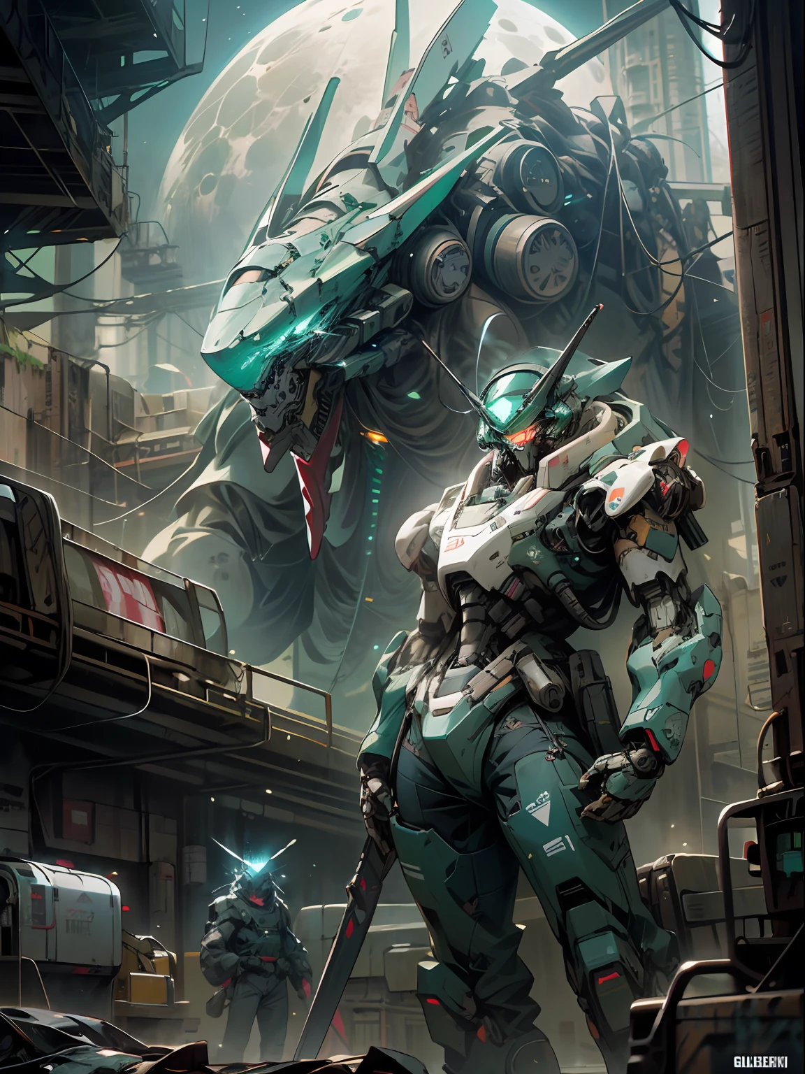 On the moon,barren planets, ruins, holding_weapon, wide view, fighting glowing, two robots, building, glowing_eyes, blue green mecha, science_fiction, mechanical city, realistic,mecha,Milky Way Galaxy background,neon,cyberpunk,
