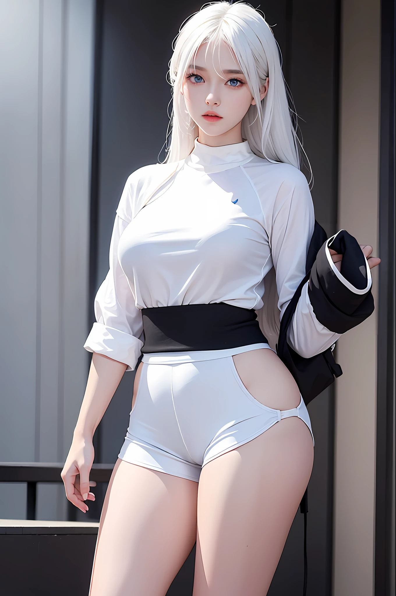 photorealistic, high resolution, 1 girl, white hair, korean, blue eyes, white shirt, skimpy tight black shorts, thick thighs