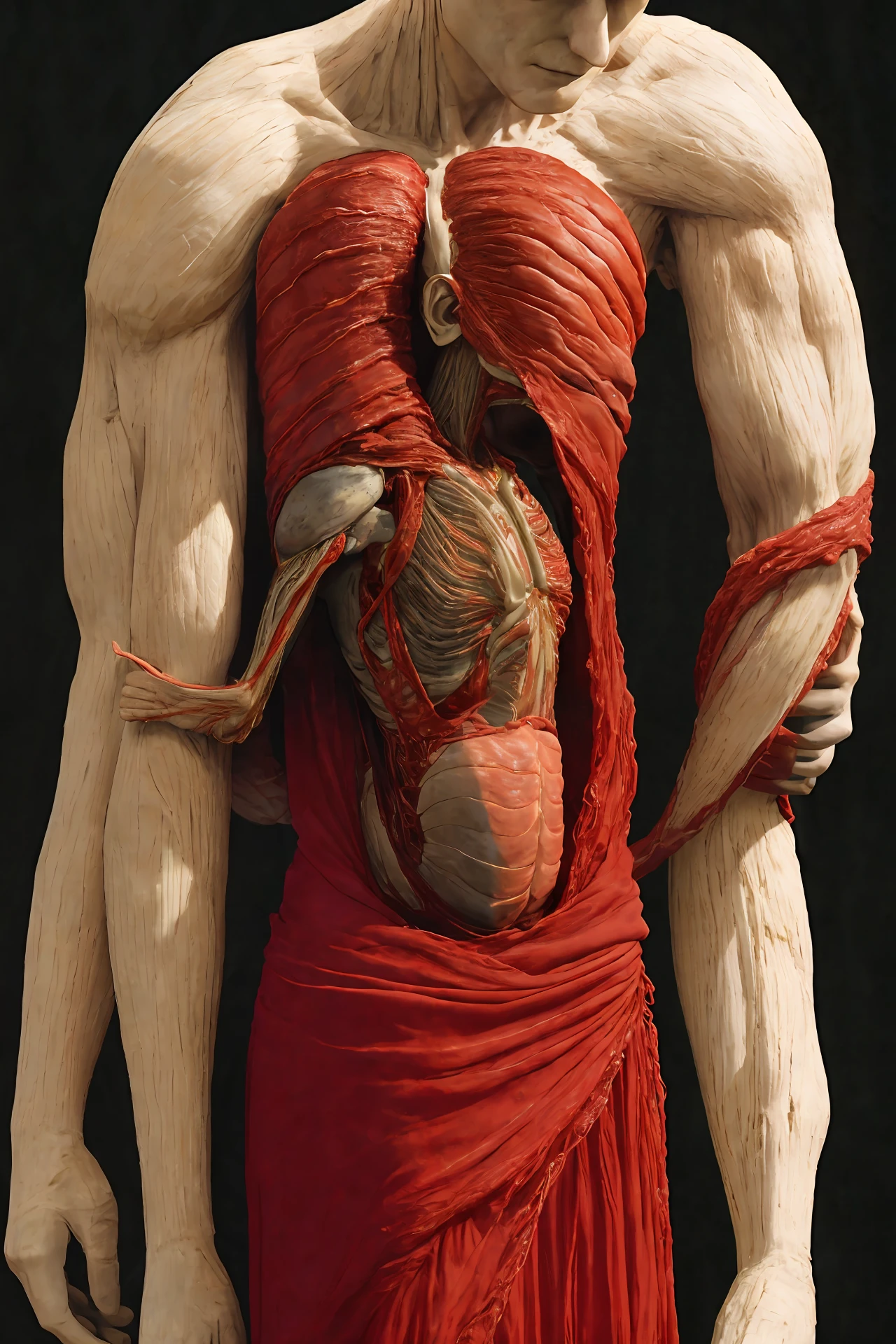 A man is embedded between a humanoid shell of flesh and blood, as if wearing a very warm and wide dress, his head sticks out from a woman's chest, his limbs and torso are completely integrated with the woman's body, and a placenta extends from his lower abdomen, like a bond connected to the woman who wraps him.