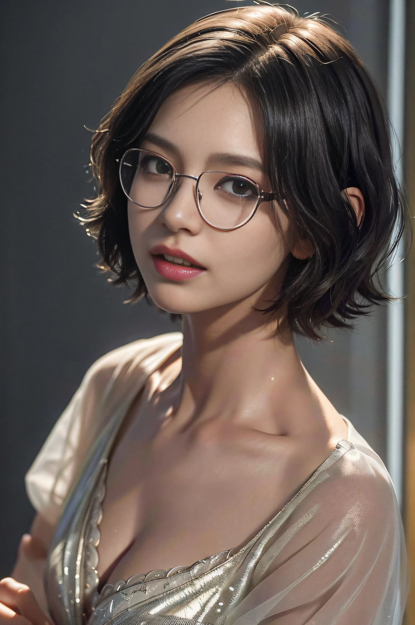 (masterpiece, best quality, beautiful quality, photorealistic, looking at viewer, detailed lighting, extremely detailed skin, extremely detailed hair, extremely detailed teeth, short hair, bob haircut, shadows, 8k:1.2), (a picture of a woman, 1girl wearing glasses:1.2),