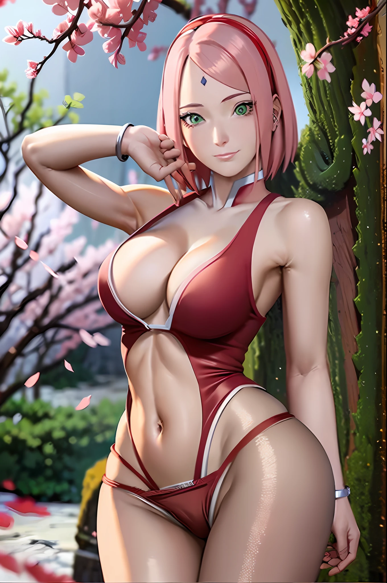 Realistic, Photorealistic,cowboy shot,masterpiece, absurdres ,1girl, haruno sakura, forehead mark, red hairband, red sleeveless dress, white pants, navel, groin, bracelet, looking at viewer, smile, cherry blossoms, private garden, wind, floating hair, large breast ,(((wide hips))), toned body, detailed eyes, --s2