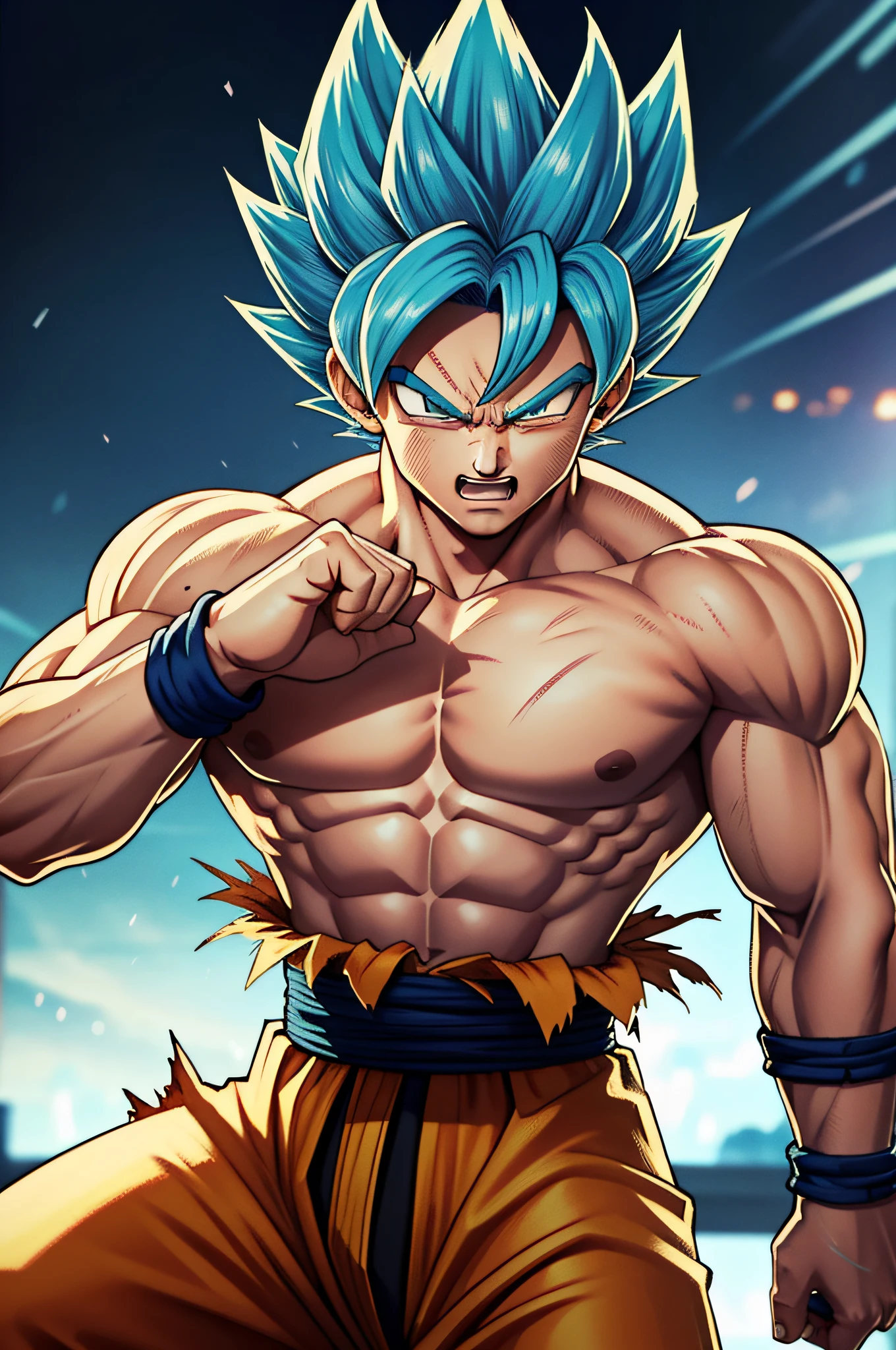 (masterpiece, best quality), intricate details, 8k, artstation, wallpaper, official art, splash art, storm in the background, sharp focus, 1boy, (photorealistic: 1.2) (bokeh) (best quality) (detailed skin: 1.3) (intricate details) (8k) (detailed eyes) (sharp focus) son goku, angry, battle damage, blonde hair, blue band, clenched teeth, furious, green eyes, male focus, muscular, muscular male, pectorals, band, solo, spiked hair, super saiyan, super saiyan 1, teeth, topless male, torn clothes, bracelet, blue hair