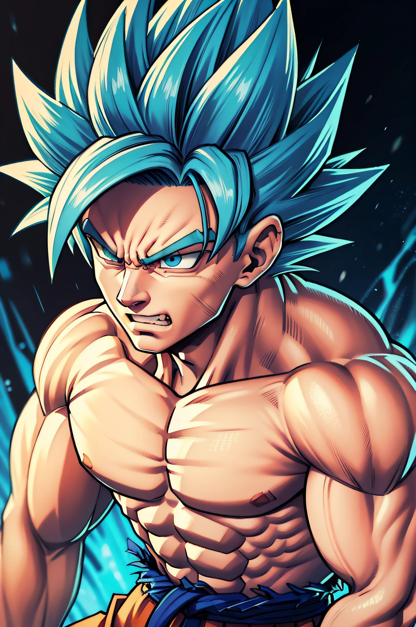 (masterpiece, best quality), intricate details, 8k, artstation, wallpaper, official art, splash art, storm in the background, sharp focus, 1boy, (photorealistic: 1.2) (bokeh) (best quality) (detailed skin: 1.3) (intricate details) (8k) (detailed eyes) (sharp focus) son goku, angry, battle damage, blonde hair, blue band, clenched teeth, furious, green eyes, male focus, muscular, muscular male, pectorals, band, solo, spiked hair, super saiyan, super saiyan 1, teeth, topless male, torn clothes, bracelet, blue hair
