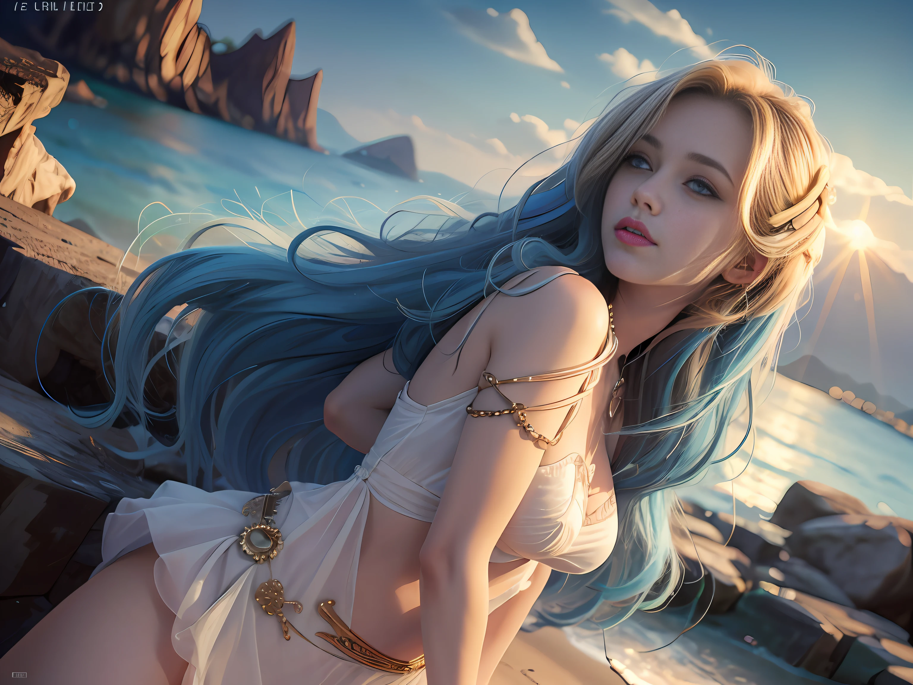 (masterpiece, best quality, 1girl, full body, nature, reeds, bloom, light smile, long hair, blue hair, blue eyes, pov: 1.8), (hourglass body: 1) (2 hands: 1) (easter eggs: 1.3) (5 fingers: 1) (super high quality: 1.5), 1 thumb,4fingers,Blonde girl stands on the sandy beach of the island, the sun shines on her shiny blonde hair --auto --s2