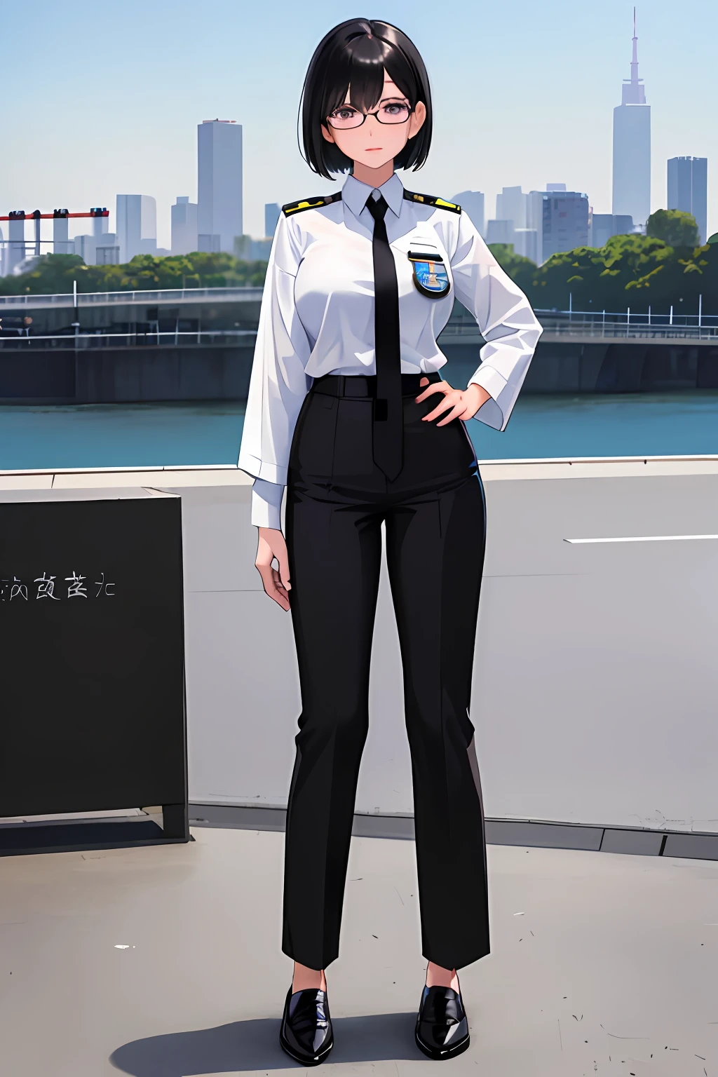 ((masterpiece)). ((best quality)), 1girl, solo, short hair, jet black hair, purple eyes, (full body), standing, hands on hip, bangs, japanese police uniform, glasses, tokyo city backdrop, (white shirt), (black pants, tie), matching shoes, medium breasts, 20 age, badge,