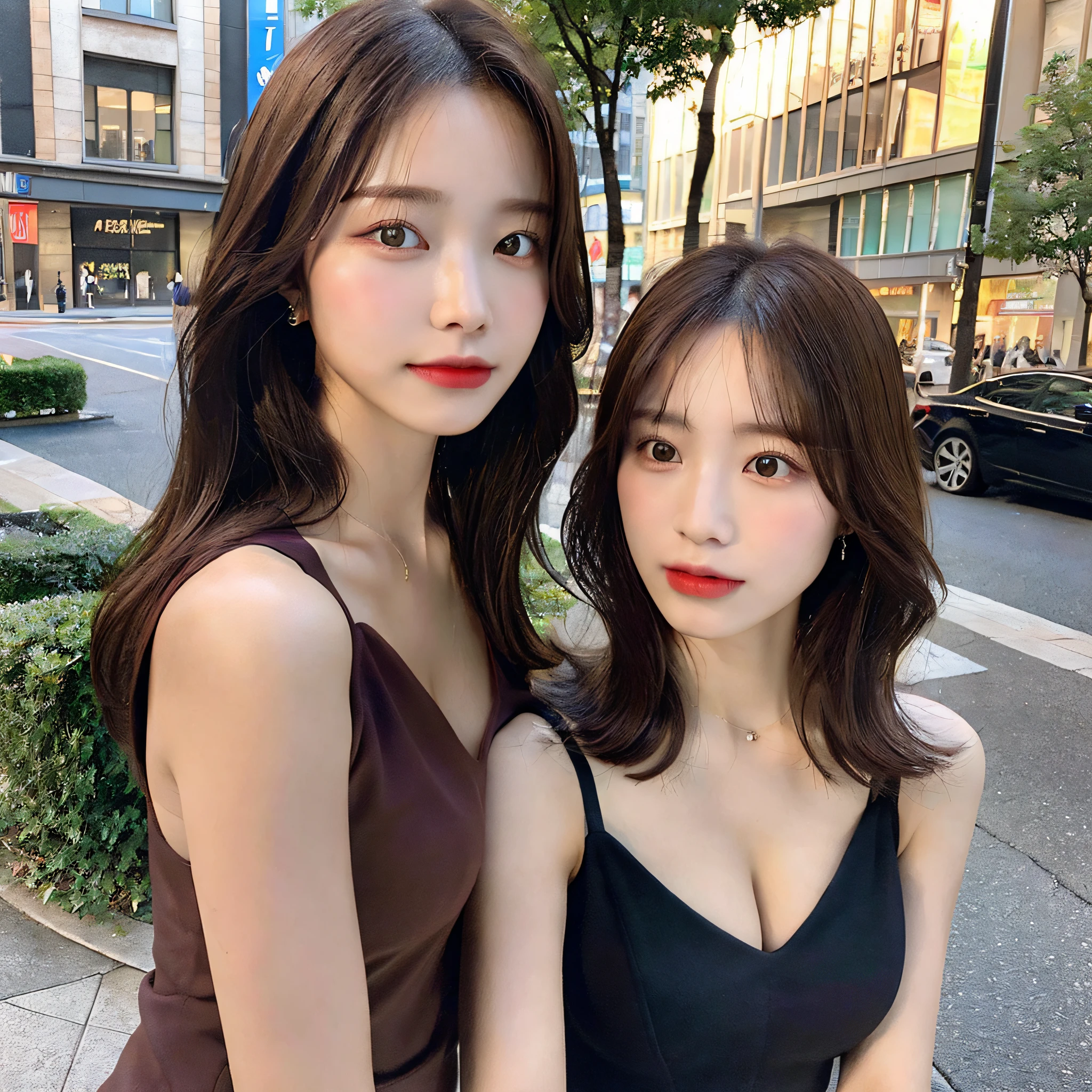((Realistic lighting, Best quality, 8K, Masterpiece: 1.3)), Clear focus: 1.2, 1girl, Perfect body beauty: 1.4, Slim abs: 1.1, ((dark brown hair, Big breasts: 1.3)), (Aqua dress: 1.4), (Outdoor, night: 1.1), City streets, Super fine face, fine eyes, double eyelids, exposed cleavage