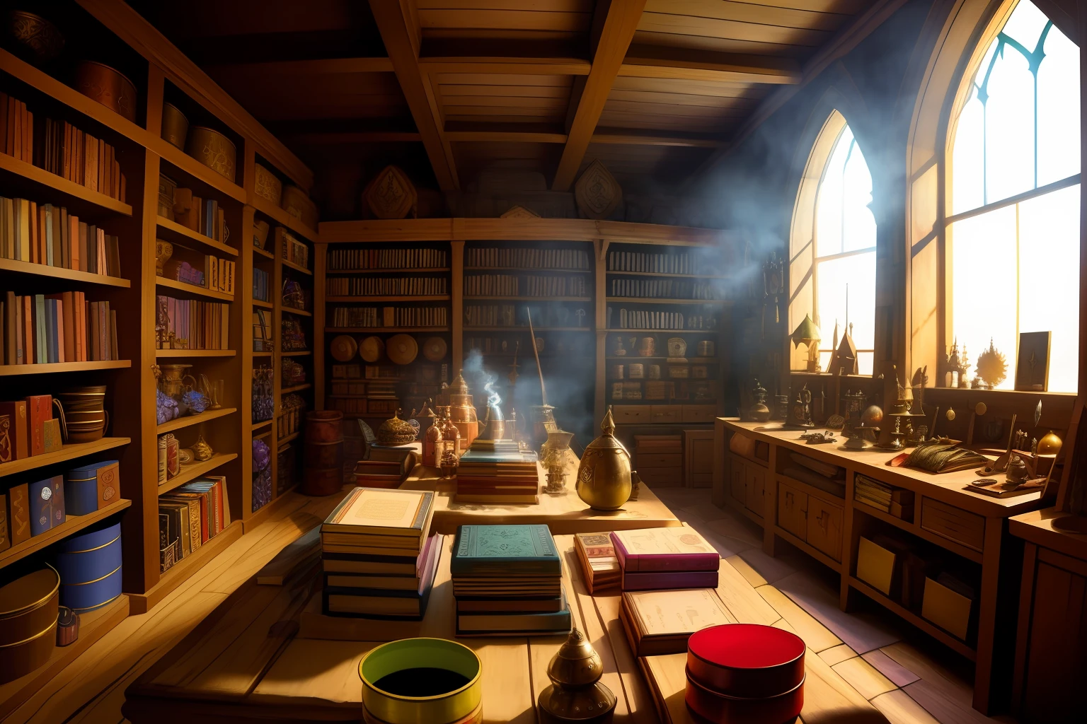 (medieval) ((fantasy)) magic shop interior, natural lighting, smoke, haze, 50mm lens at F/2.8, a cozy, ((untidy)), ((chaotic)) large room filled with shelves, chests, desks, full of magical items, heaps of books, scrolls, potions, armors, (swords), (strange magical devices), hyper-detailed and intricately detailed film still, psychedelic colors, RAW color, shallow depth of field, detailed skin with supple pores, beauty marks, freckles, and goosebumps, sharp focus, HDR, and 4k resolution, by Guillermo del Toro.
