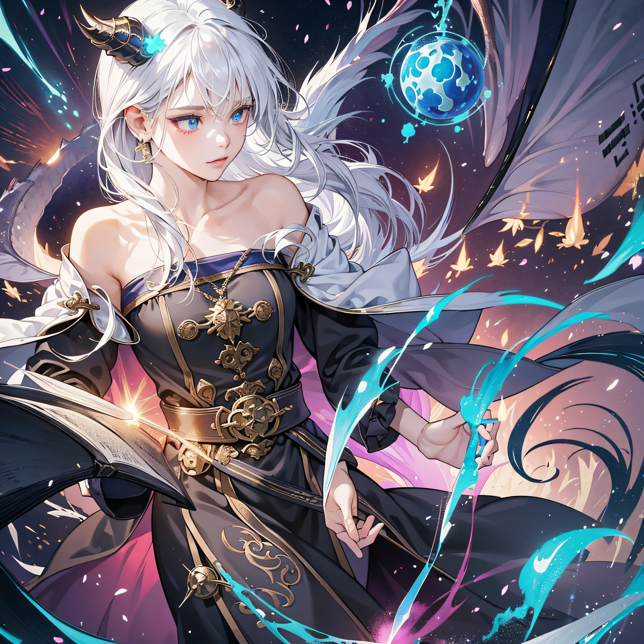 Best quality, masterpiece, illustration, super detailed, beautiful detailed eyes, (1girl:1.3), dragon horn, white scales, white skin, dragon tail, white hair, magician, captivating spell, high angle view, otherworldly beauty, casting pose, invocation effect, soft and ethereal light, fantasy atmosphere, enhance ally power, boost ability, elemental magic, swirl energy, pulsating aura, determination, support, bright colors, glowing runes, floating, magic bonds, guide light, flickering particles , enchanting environment, harmony with nature, hope, wisdom, ancient secrets, mystical knowledge, mysterious symbols, spell casting, elemental power