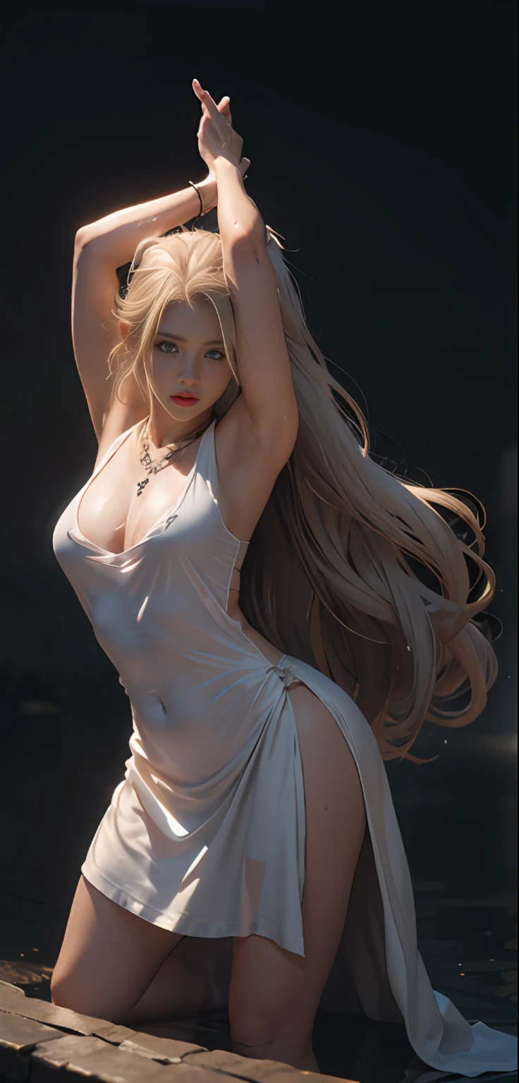 fighting, Movie still image, at night, ((Best Quality, 8k, Masterpiece:1.3)), Focus: 1.2, caucasian blonde with curly hair, long white sleeveless silk robes, dynamic pose, native necklaces, and silver bracelets, pointy ears, Perfect Body Beauty: 1.4, ((Long Hair)), (Wet Clothes:1.1) , fantasy city street at night background, Highly detailed face and skin texture, Detailed eyes, Double eyelids, glistening skin, lush colors, volumetric lights, ambient occlusion, rays of light shining trough clouds, cinematic lighting, depth of field, backlight, dark, moody, misty, by greg rutkowski, midnight, moonlight