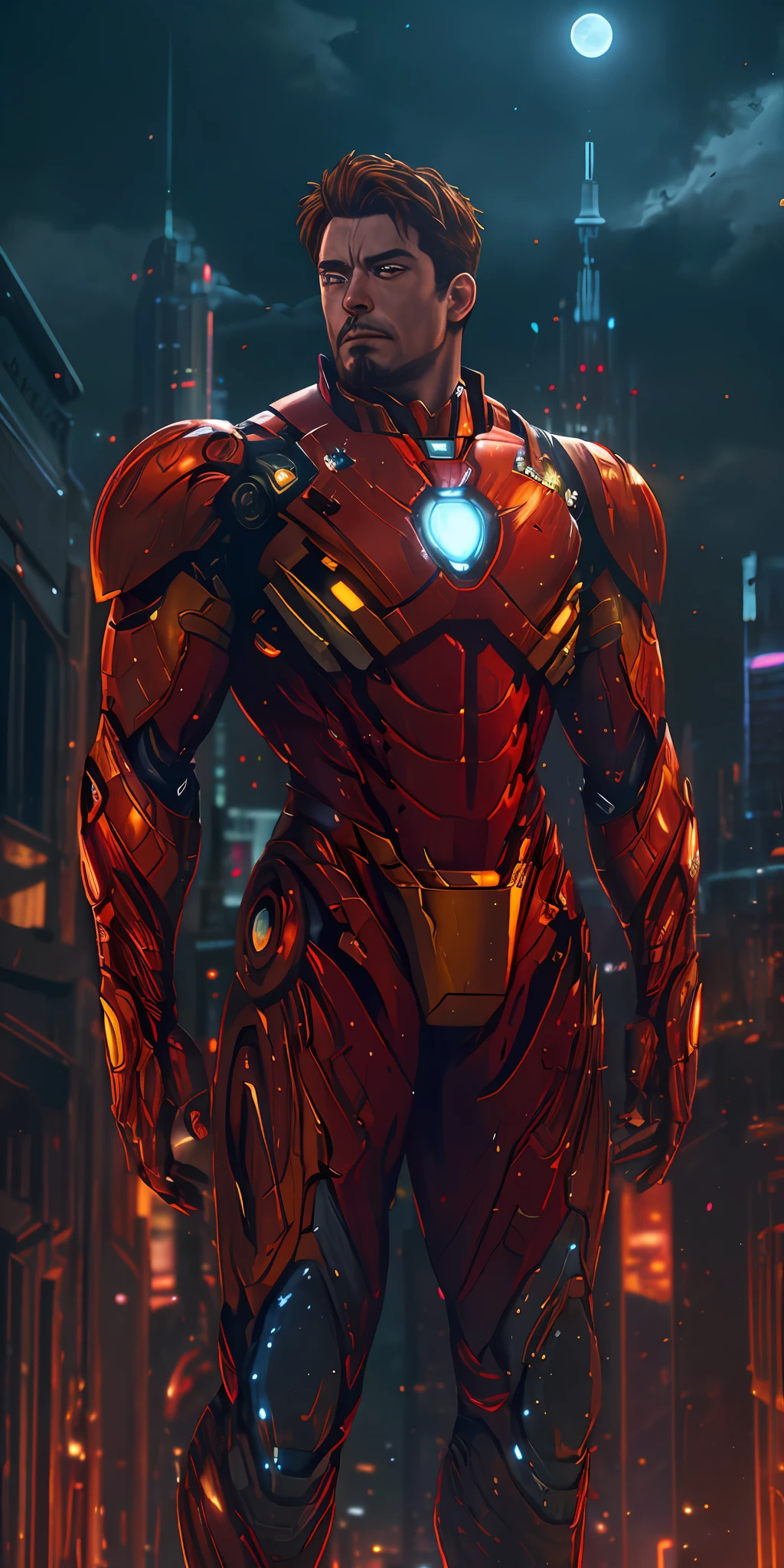 ("Iron Man from Avengers: Endgame") wearing cybernetic (Golden red Iron man suit) stands imposing in a Dark futuristic city. Moonlight highlights your muscles and scars. The scenery is lush and mysterious, with dark city and surroundings. The camera details everything, a warrior woman, in front of him.