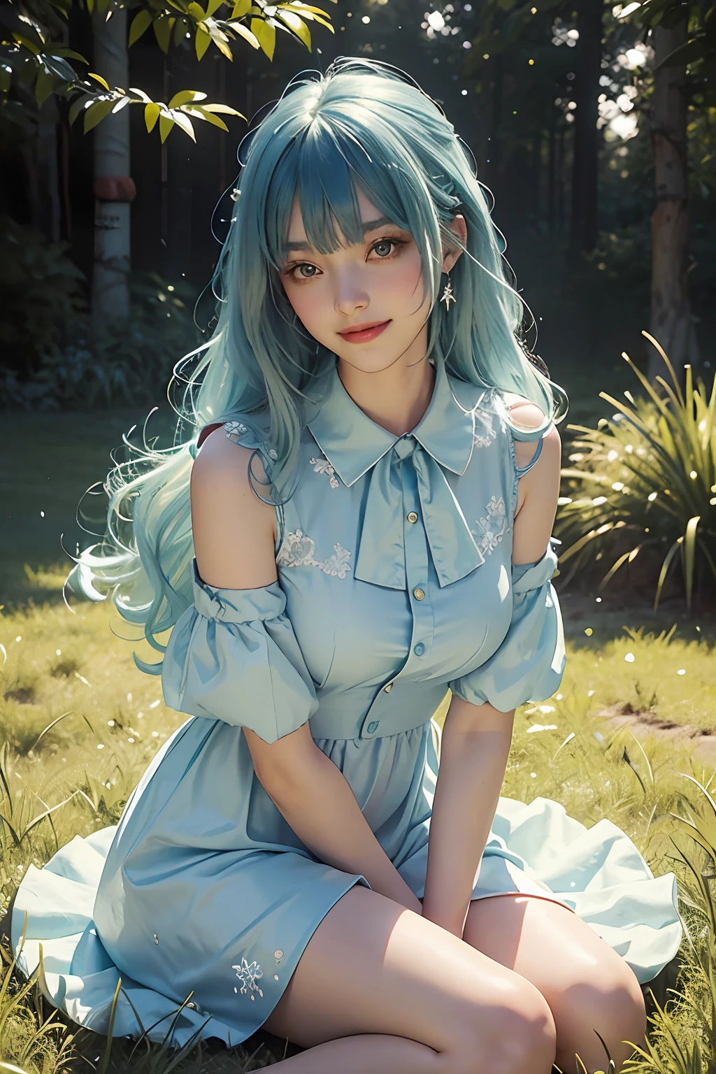 (Fluorescent Color: 1.4), (Translucent: 1.4), (Vintage Filter: 1.4), (Fantasy: 1.4), Candy World Disneyland Ethereal Soft Fluffy Soft Landscape (Forest)( Snowflakes) Sky Green Sky Blue Hair Sparkling Ethereal Light Soft Whimsical Light Rainbow Stars Diamond Sparkle Gemstone background Ultra-realistic Ultra-high quality cinematic lighting Huge details Full HD painting Plenty of light, diagonal bangs,
Collared dress, sides
Masterpiece, Best Quality, Real Skin, (Portrait: 1.5), 1 Girl, Blunt Bangs, Long Hair, Smile, (Sitting on the Grass)