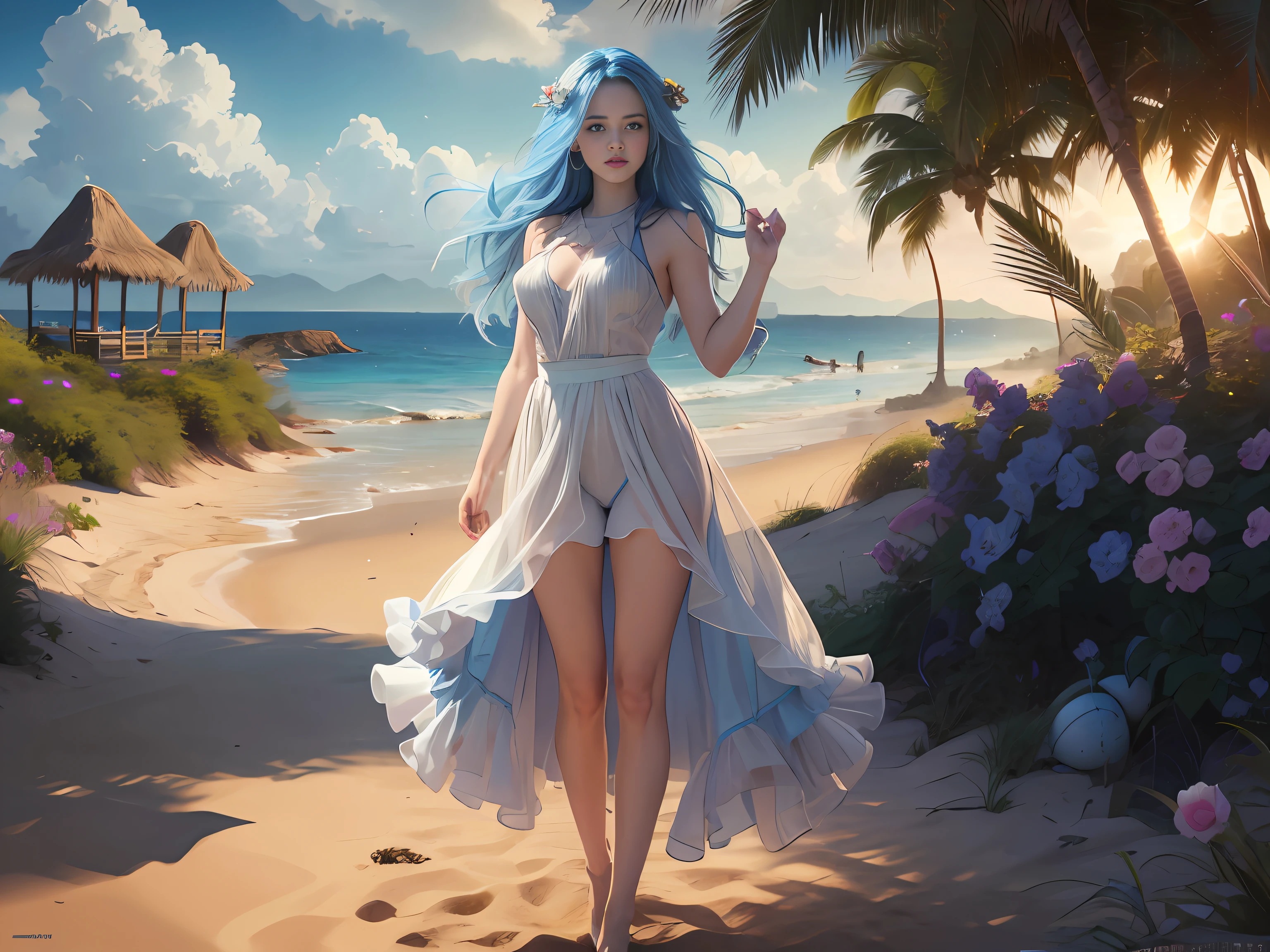 (masterpiece, best quality, 1girl, full body, nature, reeds, bloom, light smile, long hair, blue hair, blue eyes, pov: 1.8), (hourglass body: 1) (2 hands: 1) (easter eggs: 1.3) (5 fingers: 1) (super high quality: 1.5), 1 thumb,4fingers,Blonde girl stands on the sandy beach of the island, the sun shines on her shiny blonde hair --auto --s2