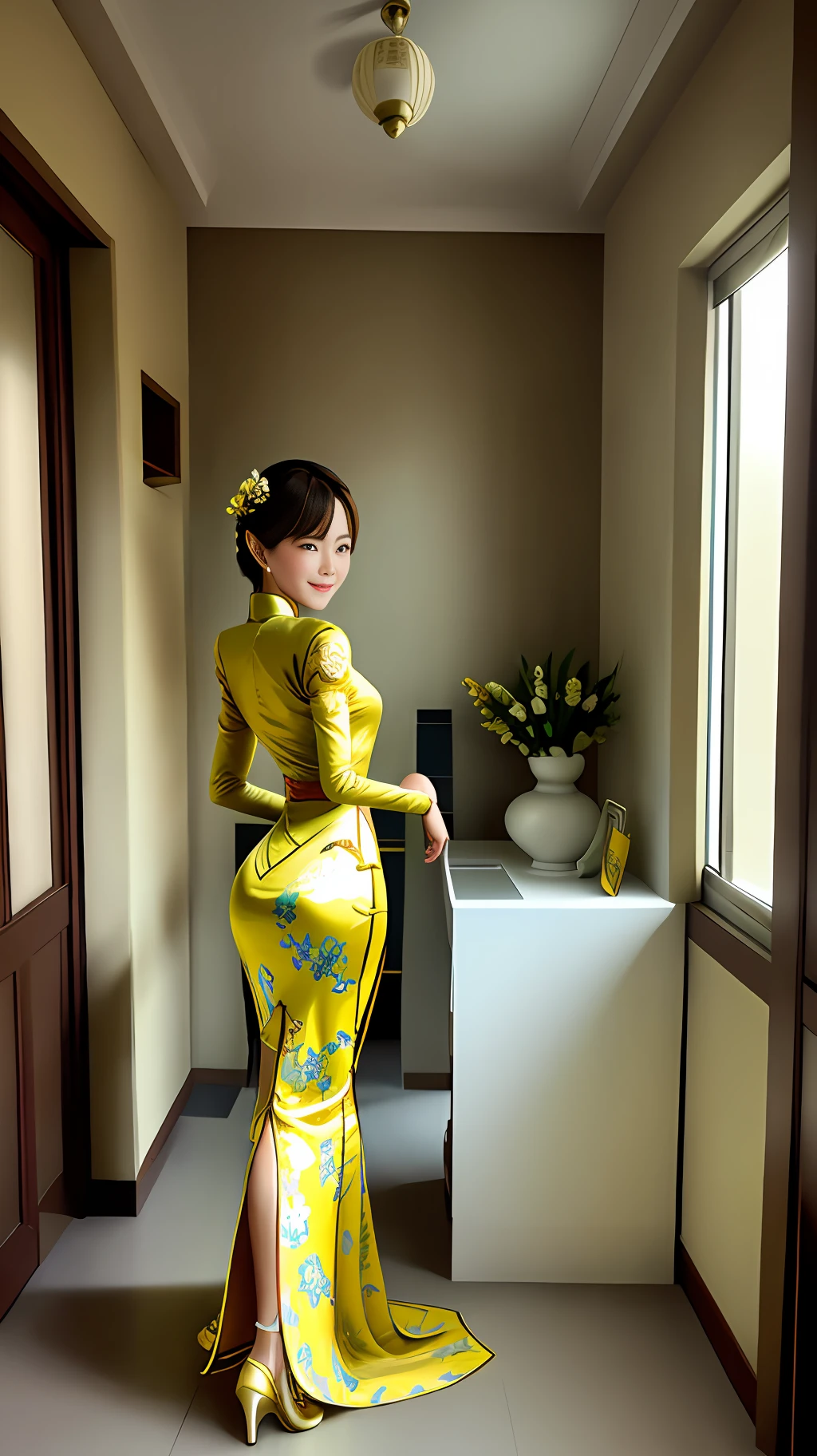 In the room, the long-legged beauty, the royal sister, stood sideways, looked back at the camera and smiled, wearing a broken yellow cheongsam