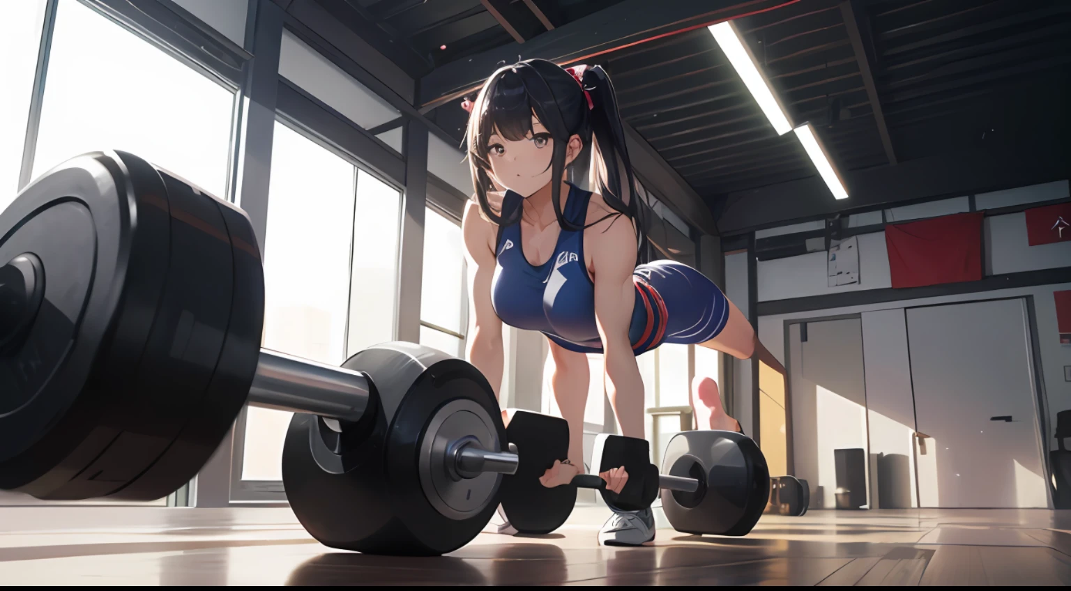 (8K、最高品質、傑作:1.2)、(リアル、フォトリアリスティック:1.37)、超詳細、1女の子、かわいい、ソロ、美しい詳細空、Prompt: 📷 In a photorealistic style, depict a woman in a Japanese sports gym training with dumbbells. She is strong, with clear lines of muscle visible. The background is bright, filled with modern decor and the latest training equipment. The lighting is natural indoor lighting, and the colors are realistic and vibrant. The camera captures a frontal view, emphasizing her concentration and strength. --ar 16:9 --v 5.1 --style raw --q 2 --s 750